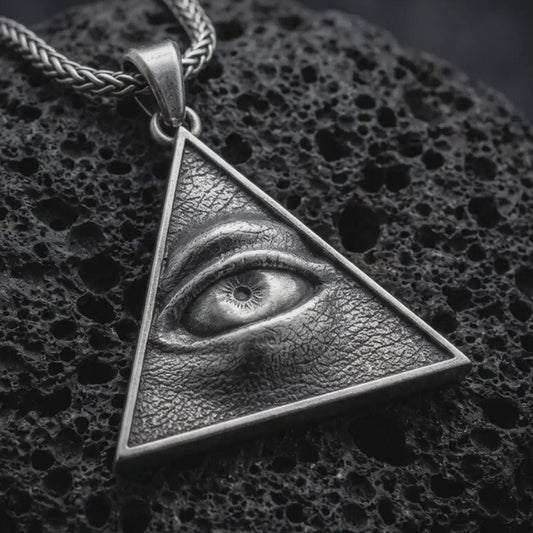 Sterling silver all-seeing eye pendant necklace with an oxidized finish resting on textured volcanic rock, captured in a close-up premium studio composition.