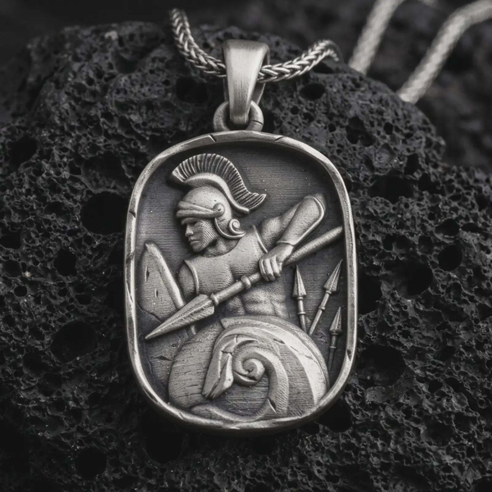 Sterling silver Spartan warrior pendant necklace with an oxidized finish resting on textured volcanic rock, captured in a close-up premium studio composition.
