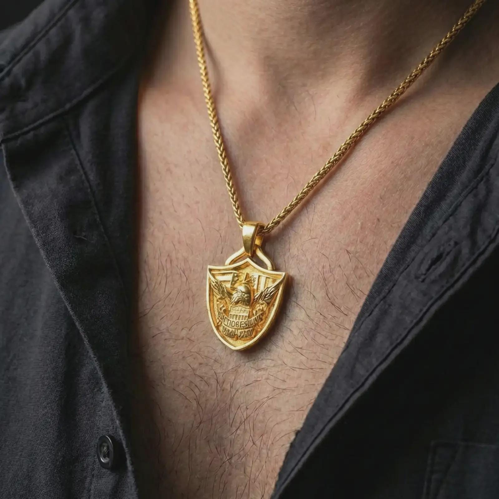 Gold plated Fortiores Una eagle shield pendant necklace worn on the neck, captured on a human model in a premium dark-toned lifestyle frame.