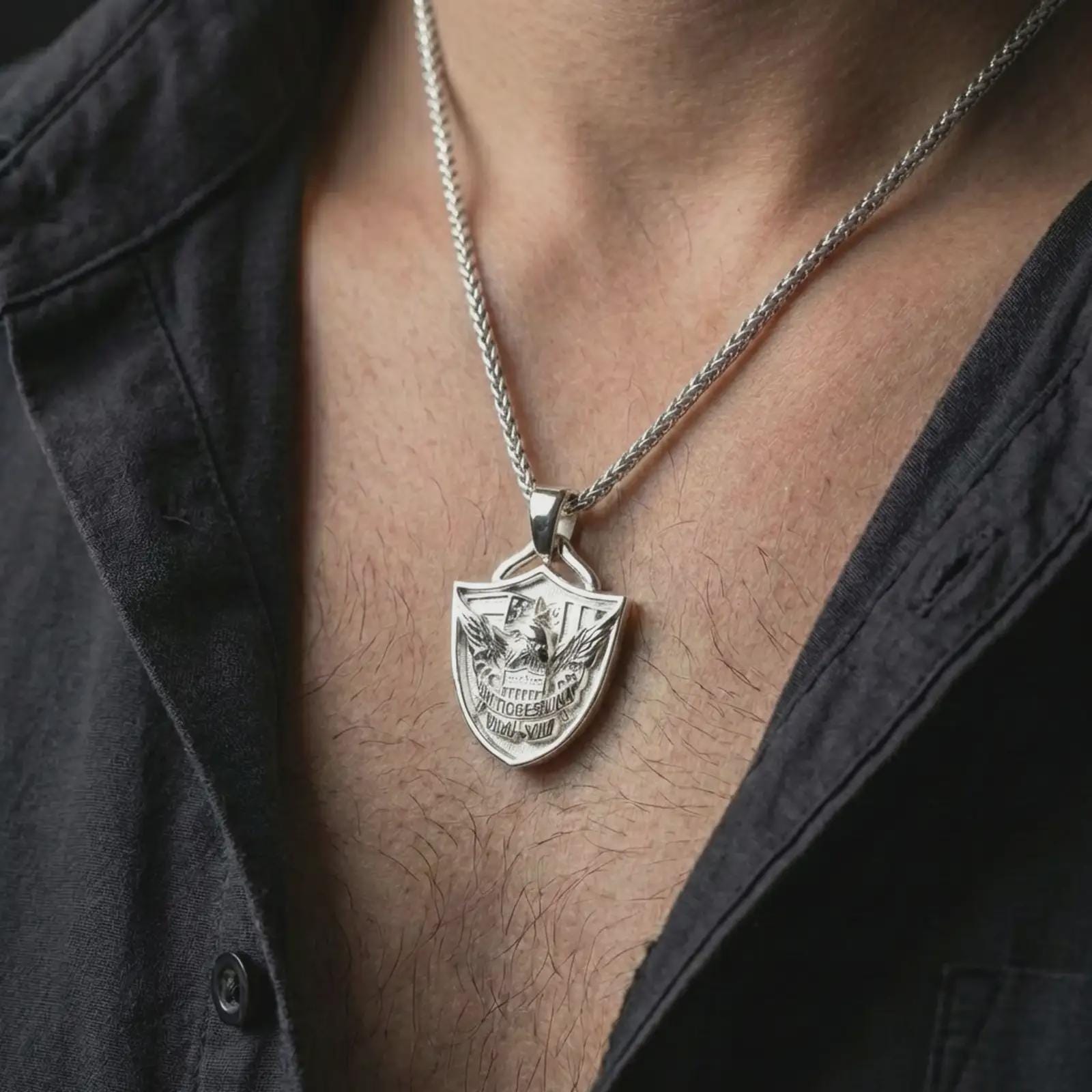 Polished silver Fortiores Una eagle shield pendant necklace worn on the neck, shown against the chest in a clean and elegant everyday wear composition.