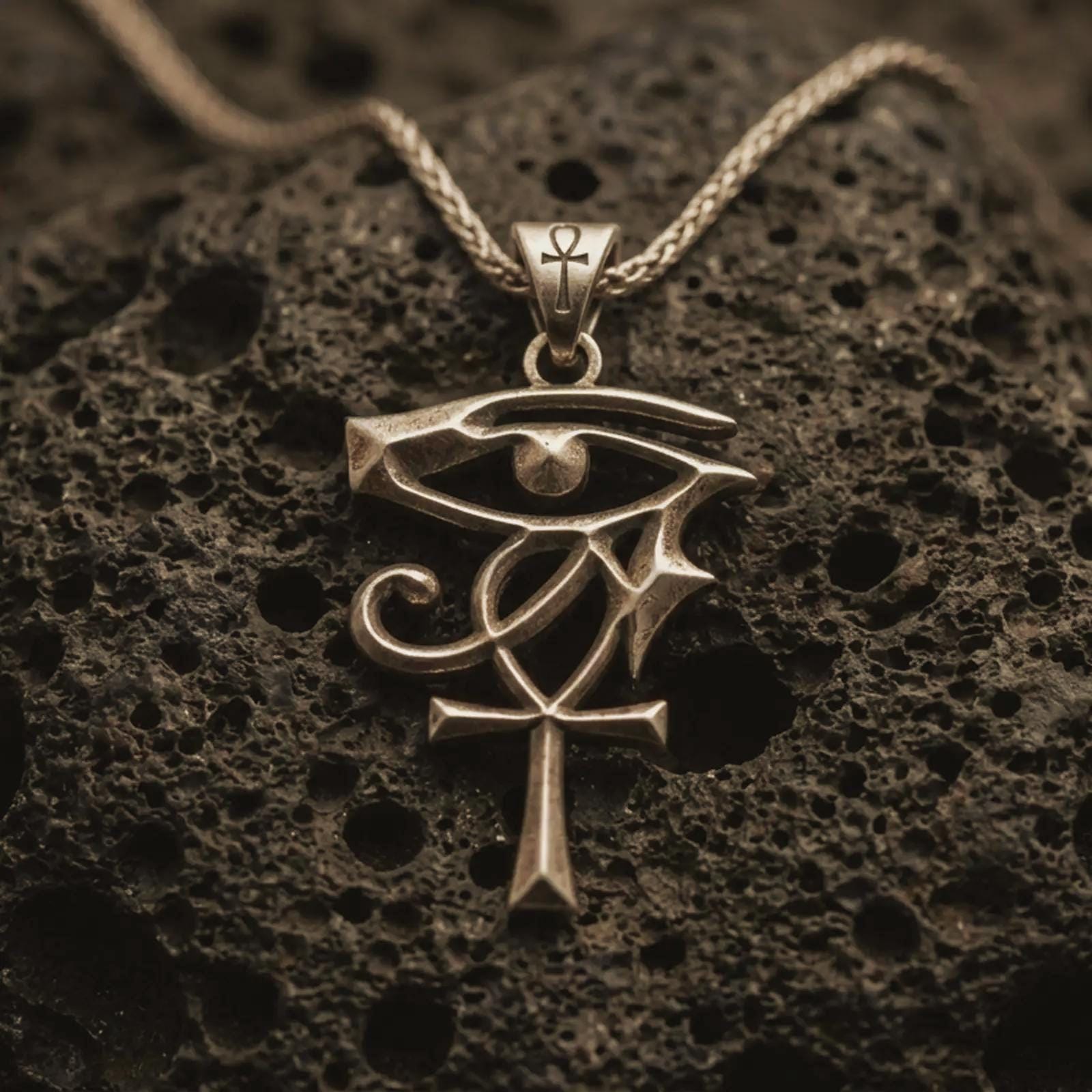 Bronze Eye of Ra and Ankh pendant necklace with an oxidized finish resting on textured volcanic rock, captured in a close-up premium studio composition.