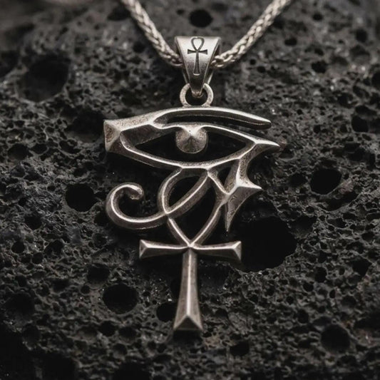 Sterling silver Eye of Ra and Ankh pendant necklace with an oxidized finish resting on textured volcanic rock, captured in a close-up premium studio composition.