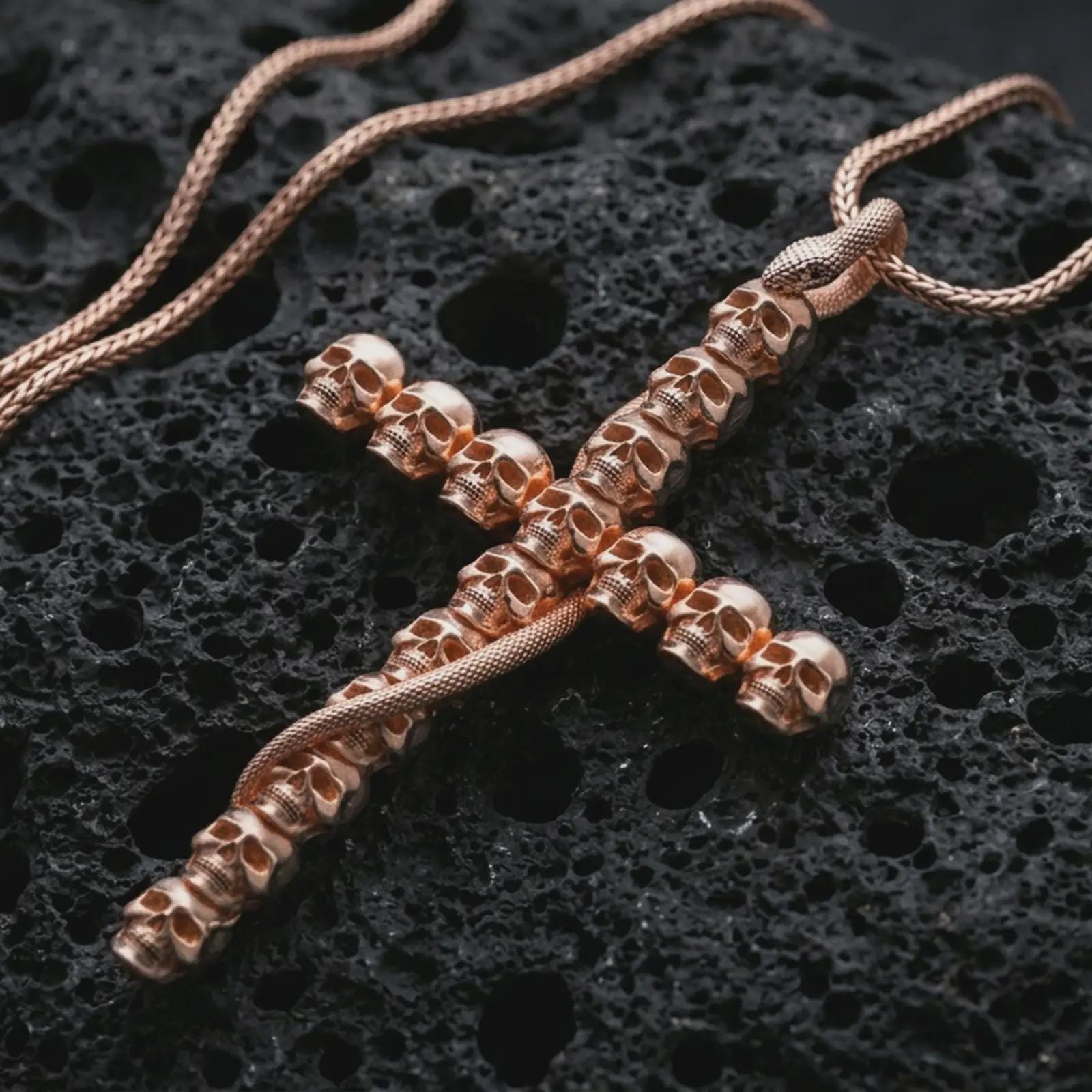 Rose gold plated skull cross pendant necklace on dark volcanic rock, photographed in a detailed premium studio macro view.