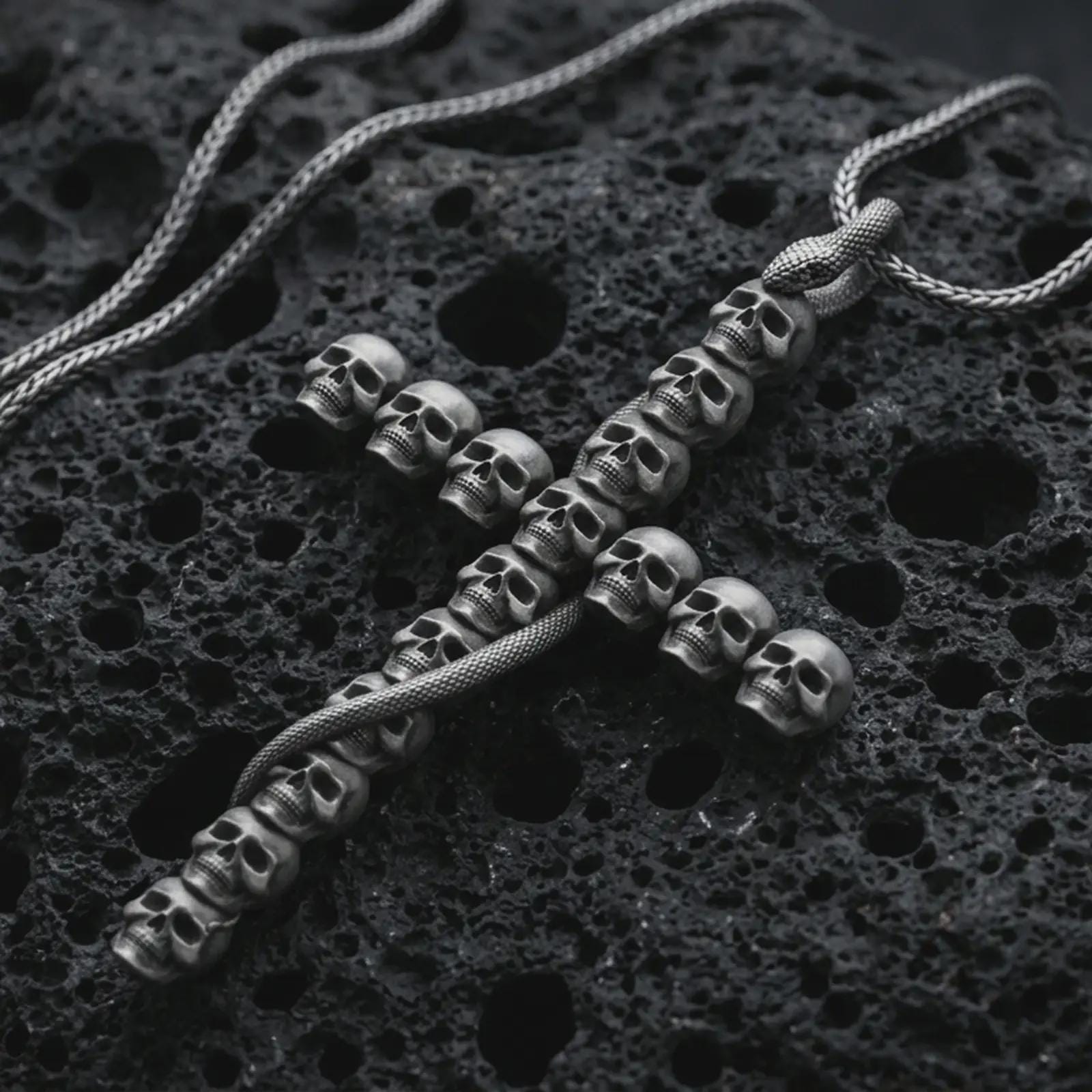 Sterling silver skull cross pendant necklace with an oxidized finish resting on textured volcanic rock, captured in a close-up premium studio composition.