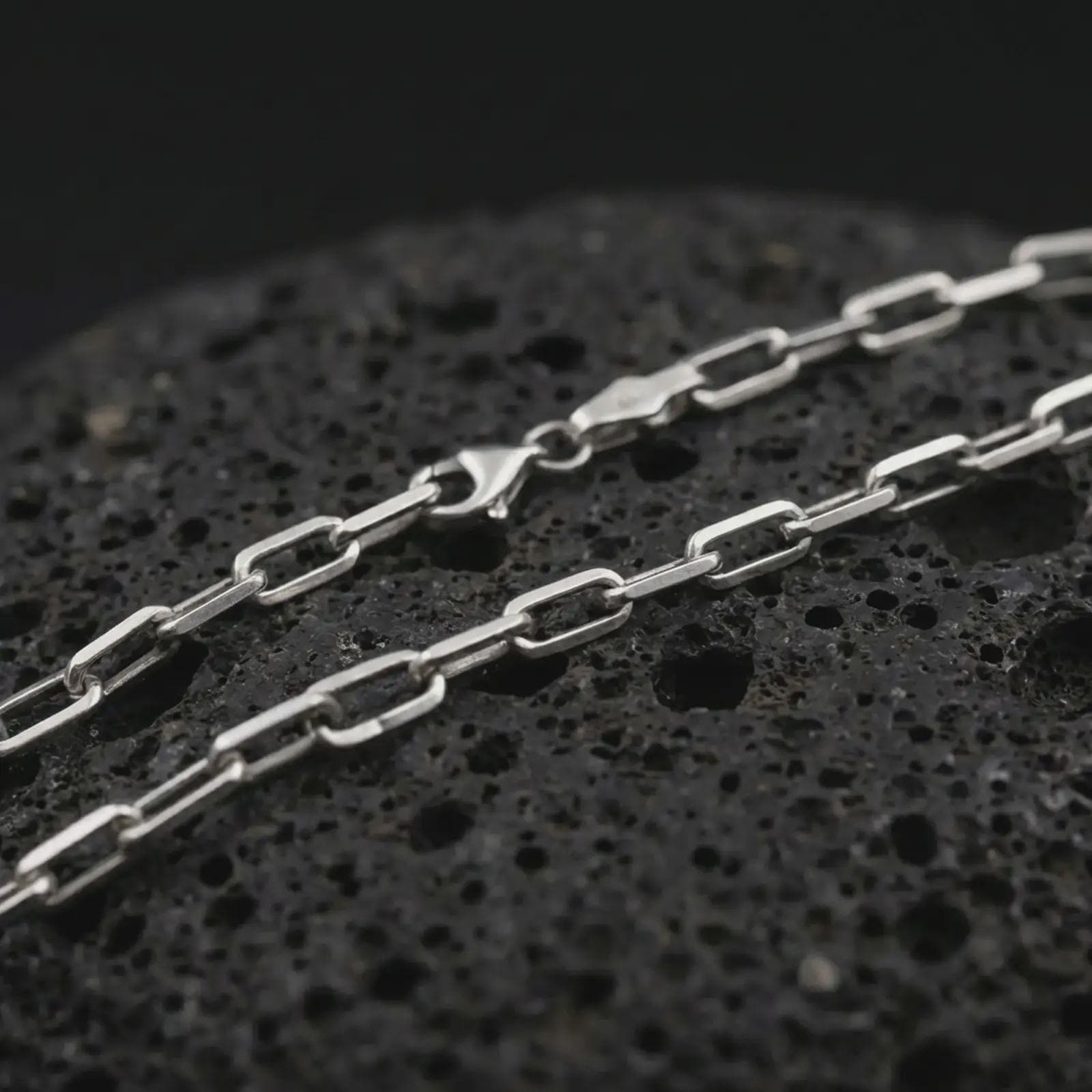 Polished silver cable link chain necklace displayed on black volcanic rock, shown in a refined macro product shot with elongated anchor links and clean metal detail.
