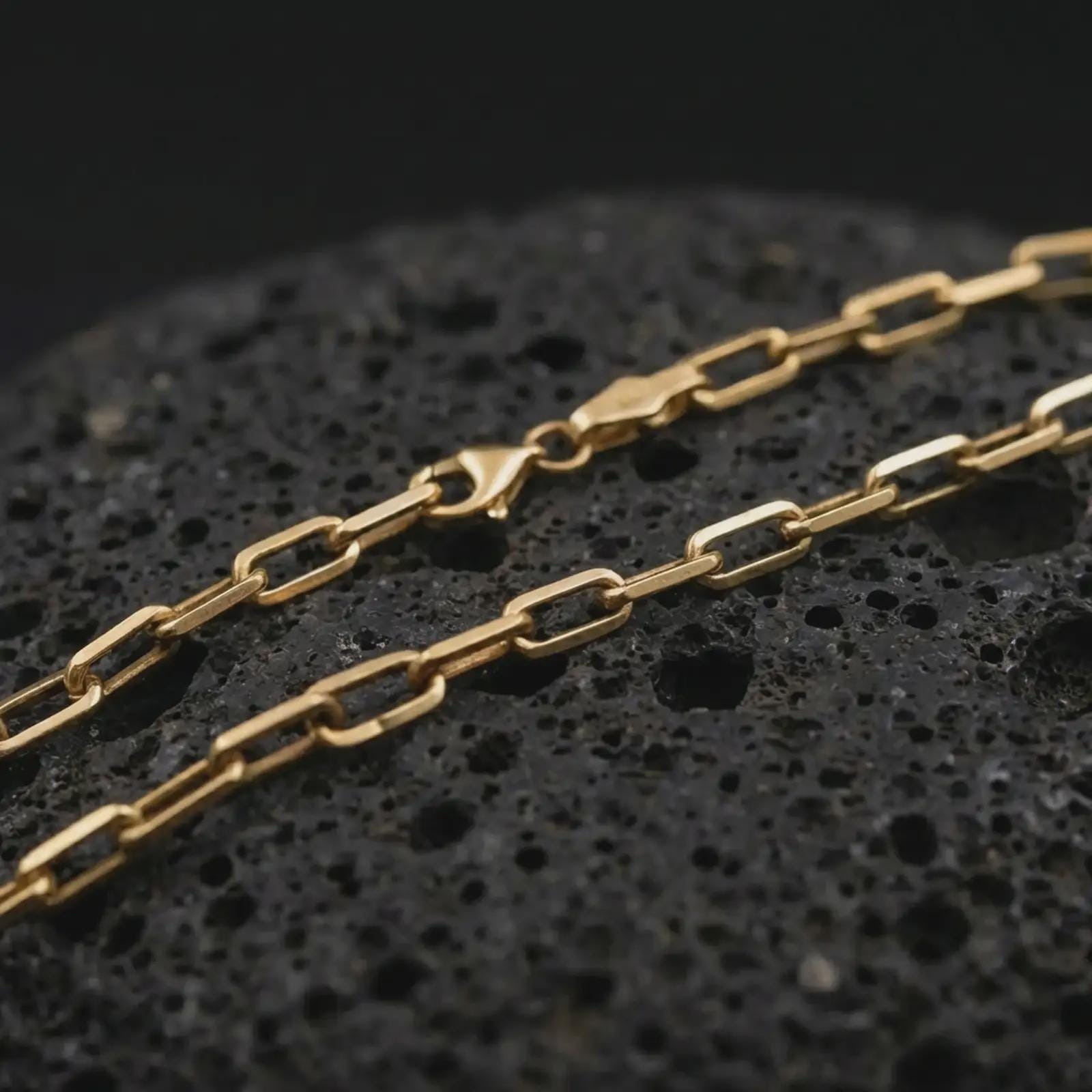 Gold plated cable link chain necklace presented on porous volcanic rock, highlighting the bold chain silhouette in a luxurious close-up jewelry image.