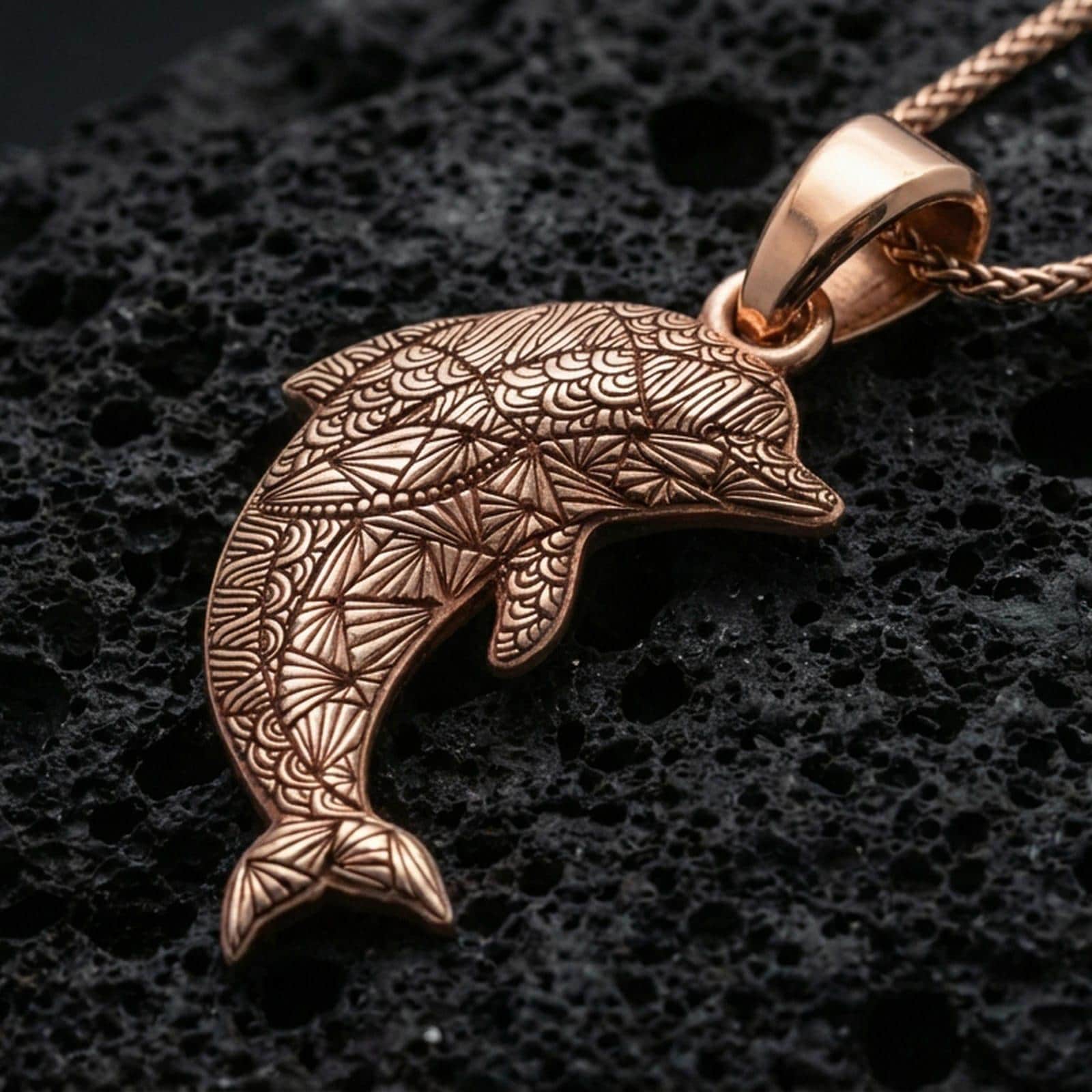 Rose gold plated dolphin pendant necklace on dark volcanic rock, photographed in a detailed premium studio macro view.