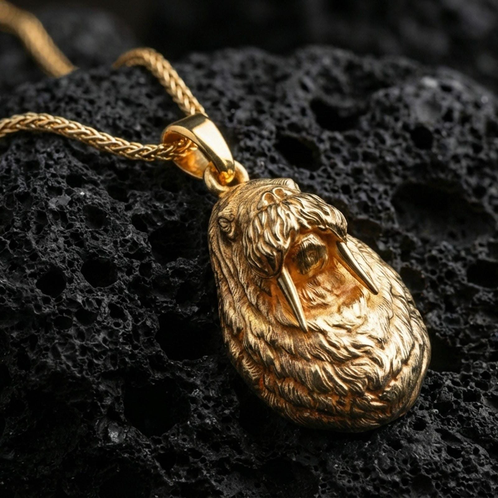 Gold plated walrus pendant necklace presented on porous volcanic rock, highlighting the sculpted marine animal form in a luxurious close-up jewelry image.