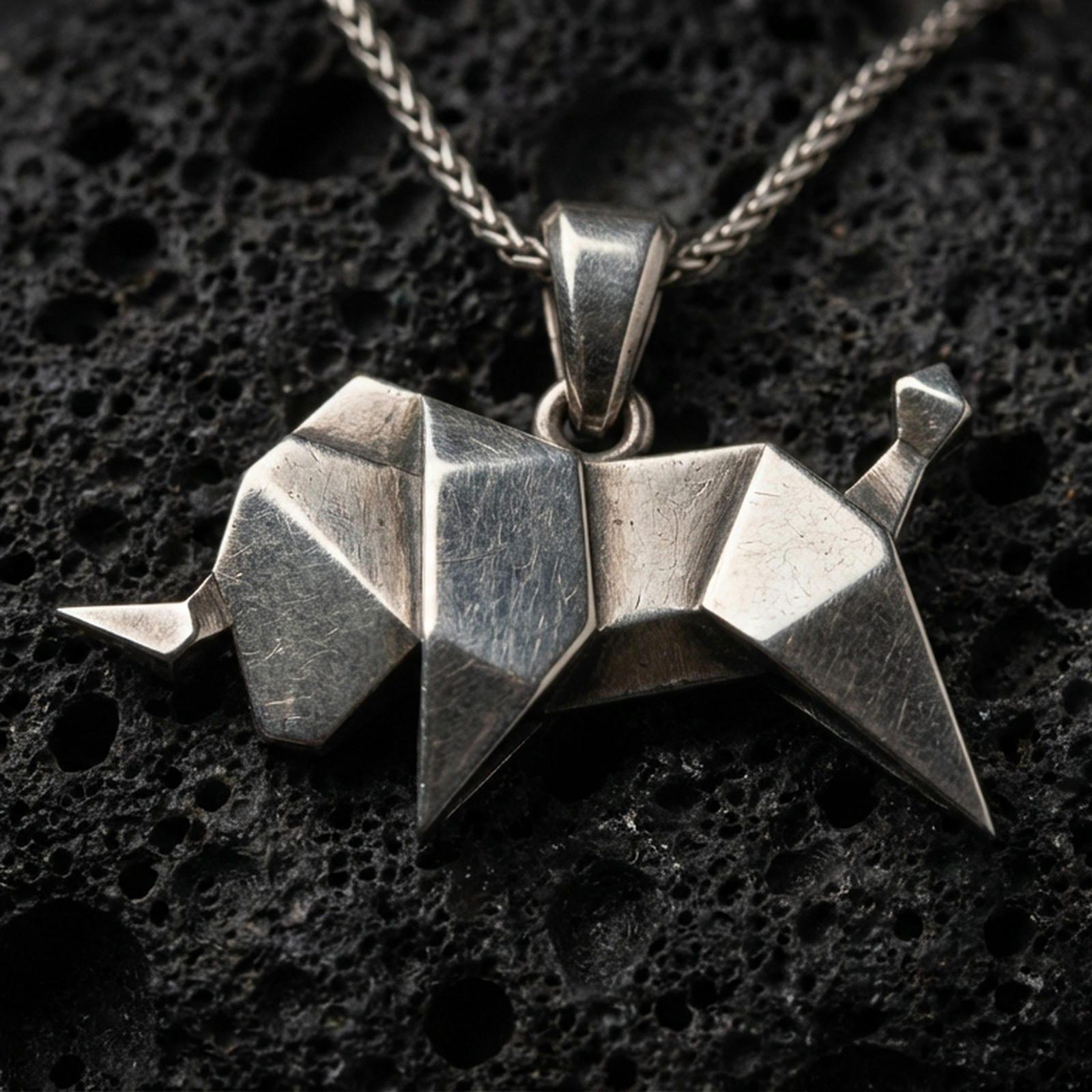Sterling silver origami elephant pendant necklace with an oxidized finish resting on textured volcanic rock, captured in a close-up premium studio composition.