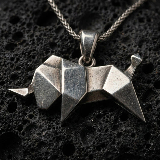 Sterling silver origami elephant pendant necklace with an oxidized finish resting on textured volcanic rock, captured in a close-up premium studio composition.