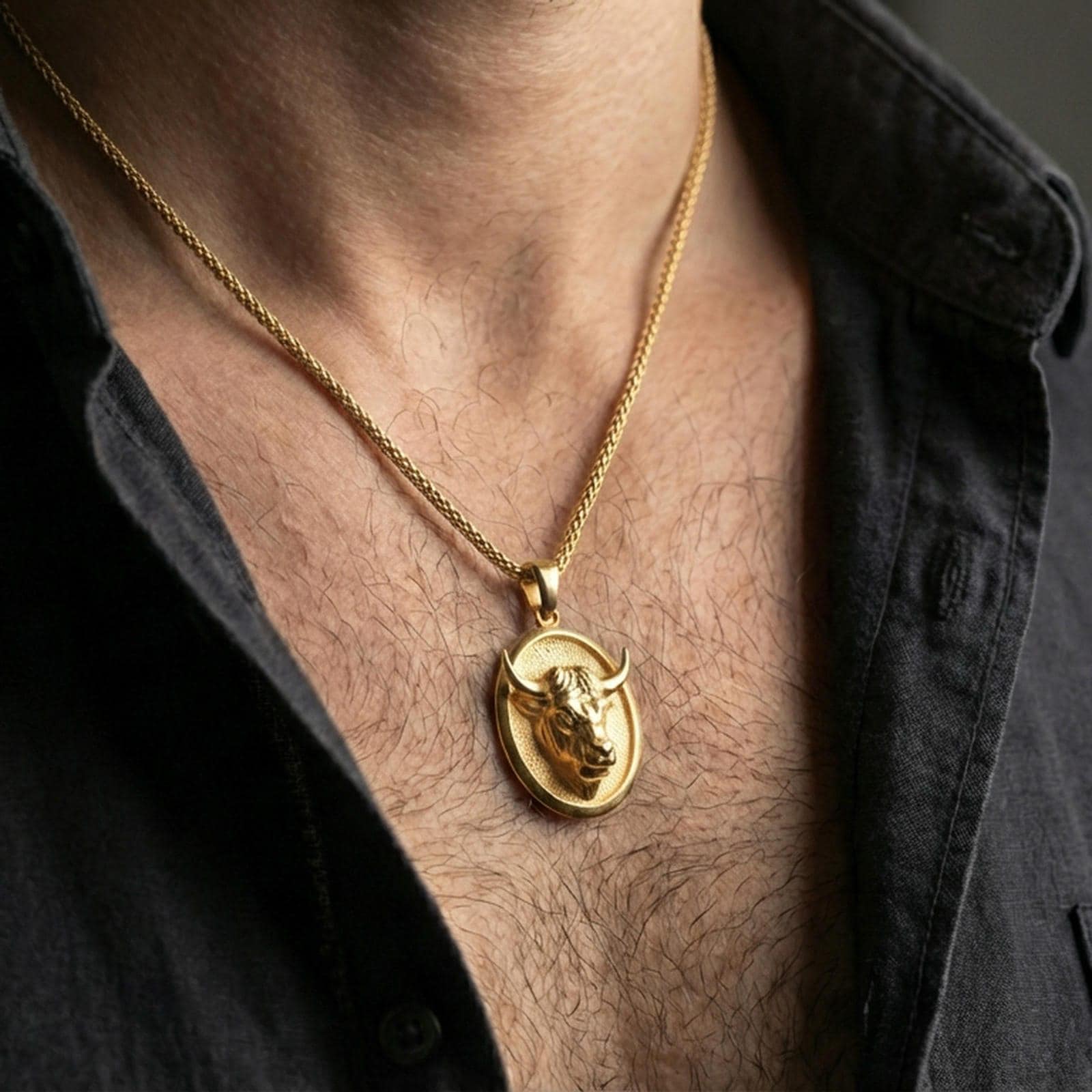 Gold plated bull pendant necklace worn on the neck, captured on a human model in a premium dark-toned lifestyle frame.