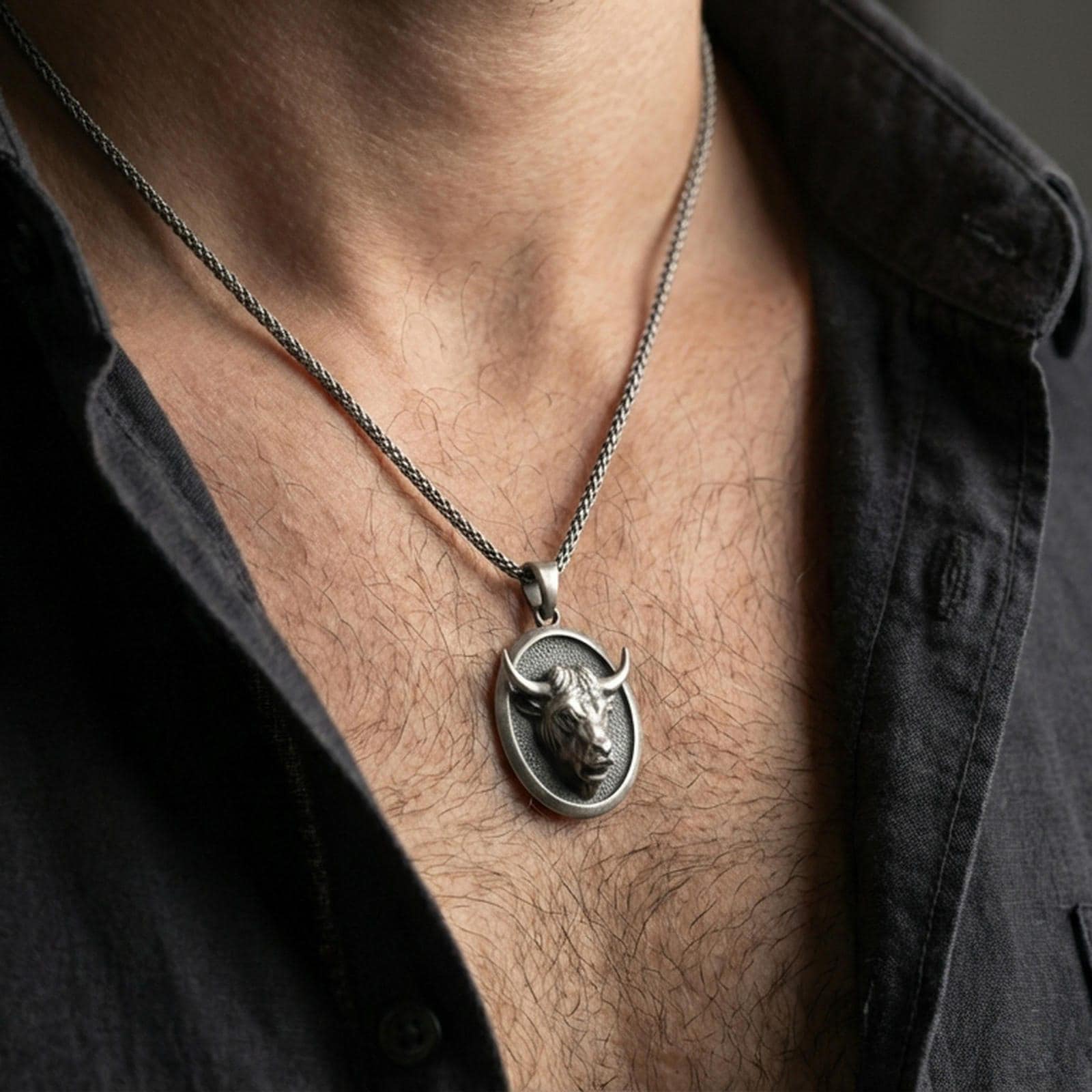 Oxidized bull pendant necklace worn on the neck, styled in a dark lifestyle portrait with an open shirt and masculine presentation.