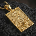 Load image into Gallery viewer, Gold plated mermaid pendant necklace presented on porous volcanic rock, highlighting the rectangular ocean-inspired design in a luxurious close-up jewelry image.
