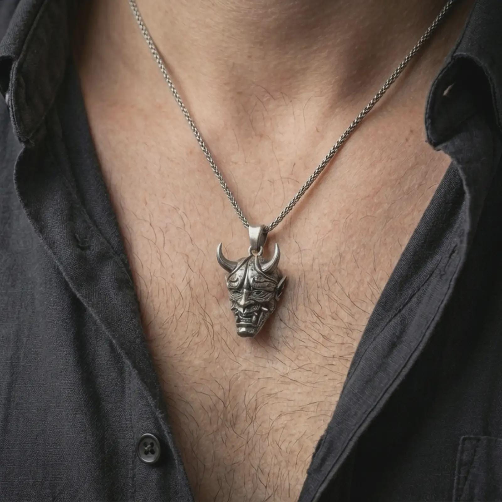 Oxidized Oni mask pendant necklace worn on the neck, styled in a dark lifestyle portrait with an open shirt and masculine presentation.