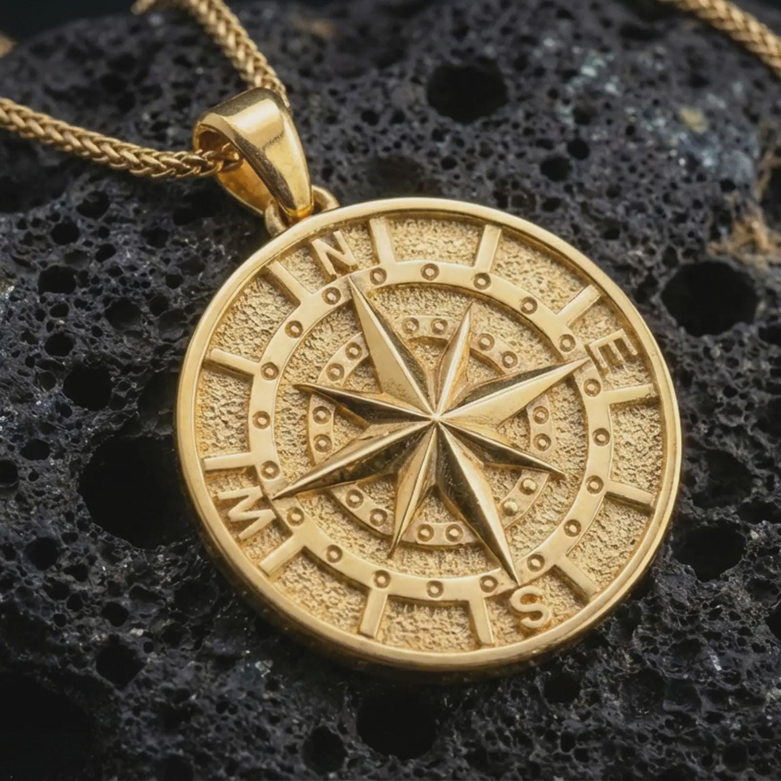 Gold plated compass pendant necklace presented on porous volcanic rock, highlighting the round nautical design in a luxurious close-up jewelry image.