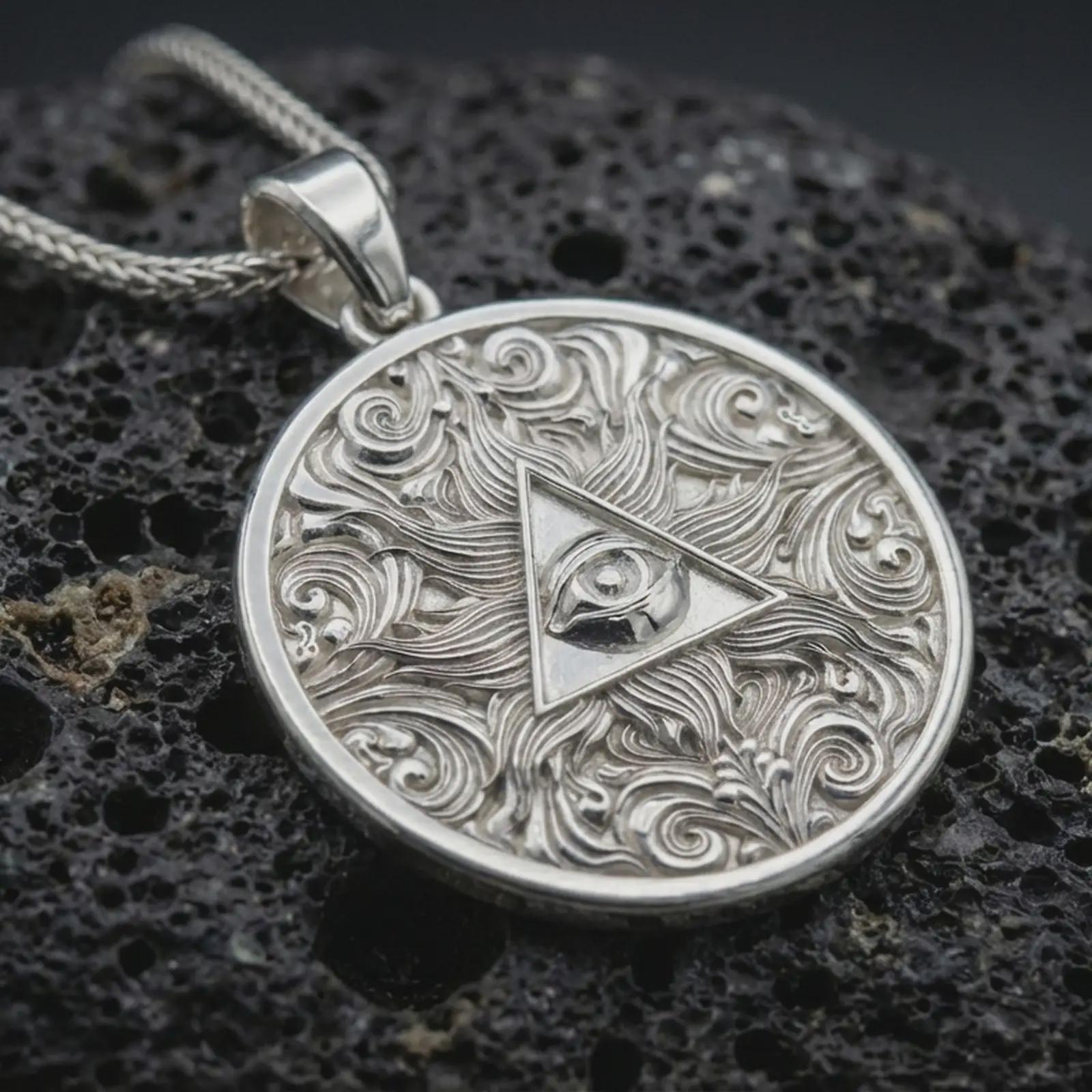 Polished silver Eye of Providence pendant necklace displayed on black volcanic rock, shown in a refined macro product shot with triangular eye symbol and flowing ornamental relief.