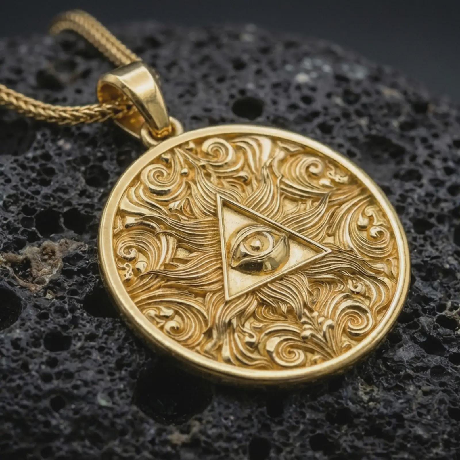Gold plated Eye of Providence pendant necklace presented on porous volcanic rock, highlighting the round mystical medallion design in a luxurious close-up jewelry image.