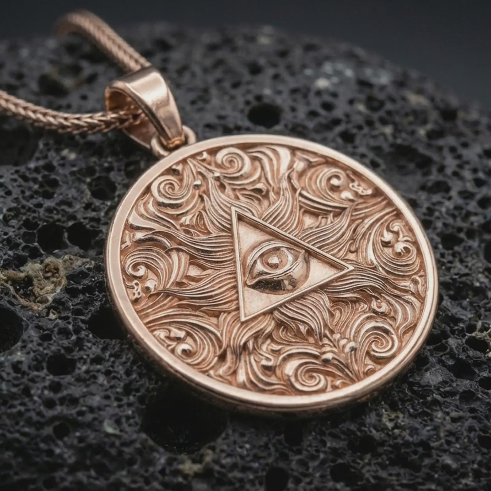 Rose gold plated Eye of Providence pendant necklace on dark volcanic rock, photographed in a detailed premium studio macro view.