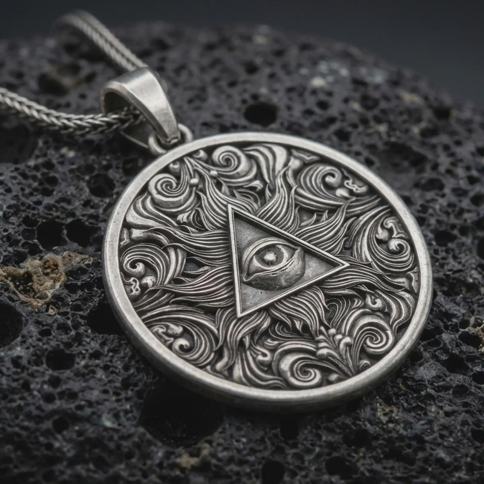 Sterling silver Eye of Providence pendant necklace with an oxidized finish resting on textured volcanic rock, captured in a close-up premium studio composition.