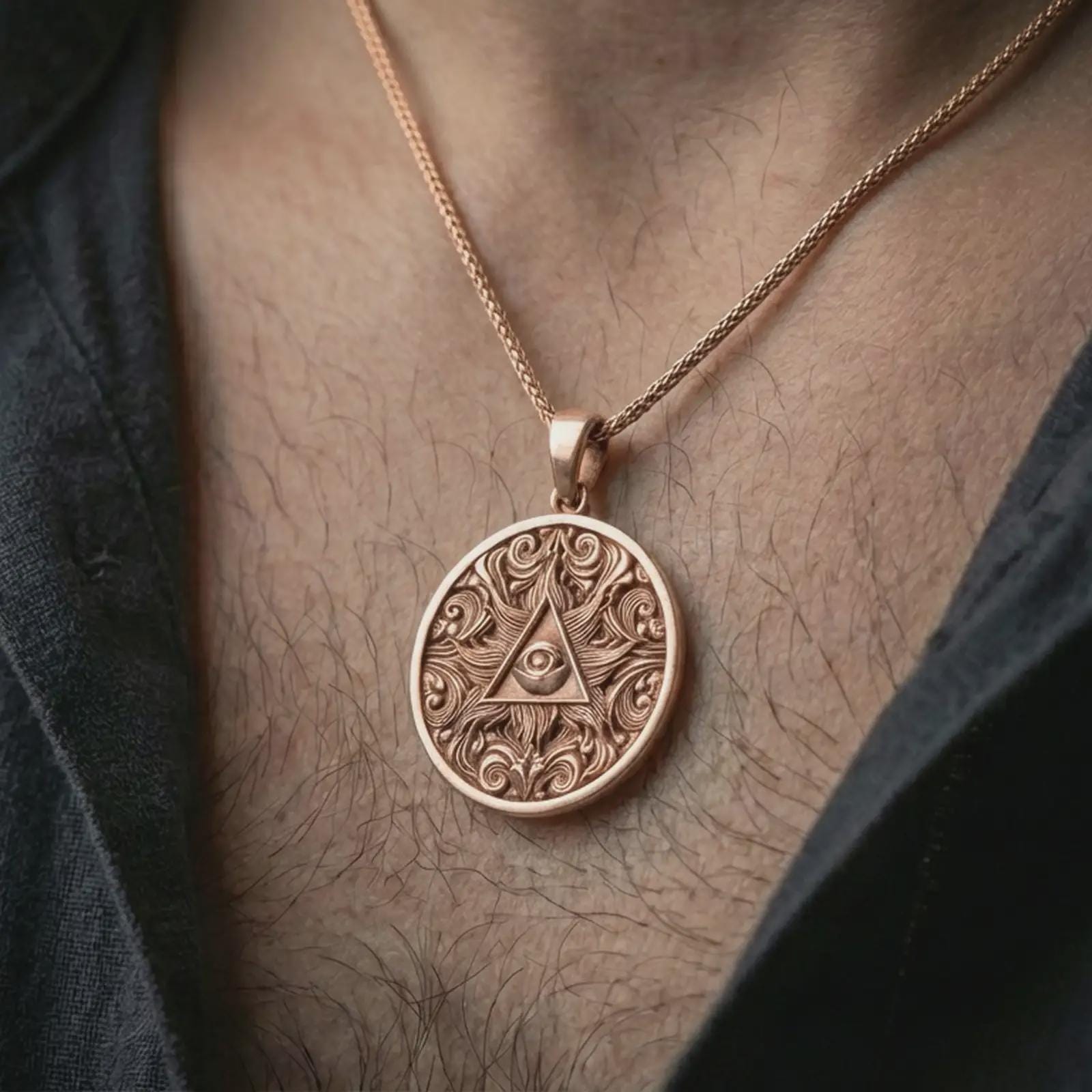 Rose gold plated Eye of Providence pendant necklace worn on the neck, presented in a close-up lifestyle shot with a refined masculine aesthetic.