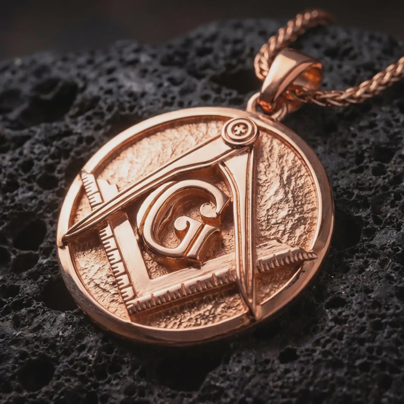 Rose gold plated Masonic emblem pendant necklace on dark volcanic rock, photographed in a detailed premium studio macro view.