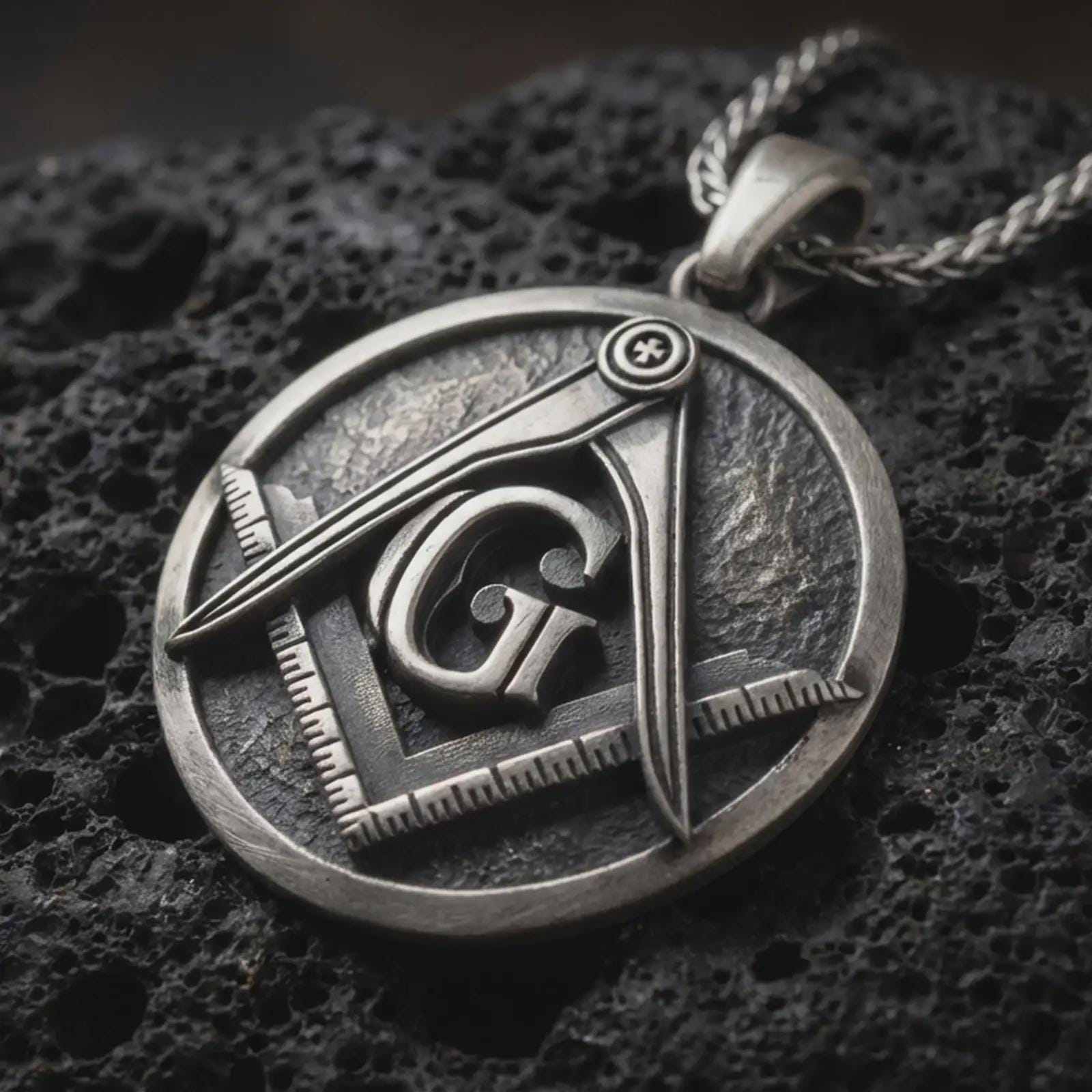 Sterling silver Masonic emblem pendant necklace with an oxidized finish resting on textured volcanic rock, captured in a close-up premium studio composition.