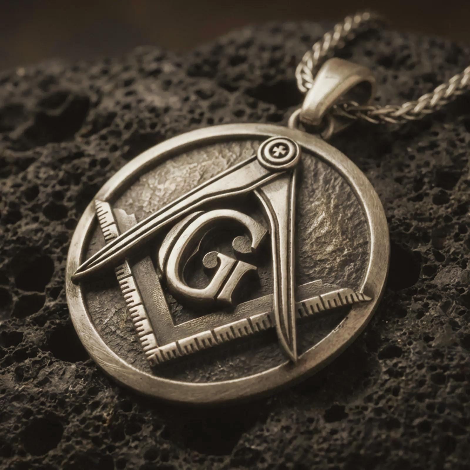 Bronze Masonic emblem pendant necklace with an oxidized finish resting on textured volcanic rock, captured in a close-up premium studio composition.