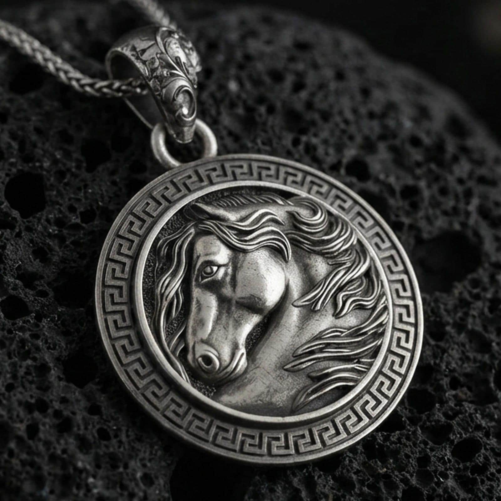 Sterling silver horse head pendant necklace with an oxidized finish resting on textured volcanic rock, captured in a close-up premium studio composition.