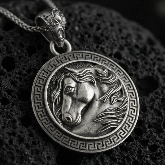 Sterling silver horse head pendant necklace with an oxidized finish resting on textured volcanic rock, captured in a close-up premium studio composition.
