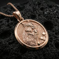 Load image into Gallery viewer, Rose gold plated squirrel pendant necklace on dark volcanic rock, photographed in a detailed premium studio macro view.
