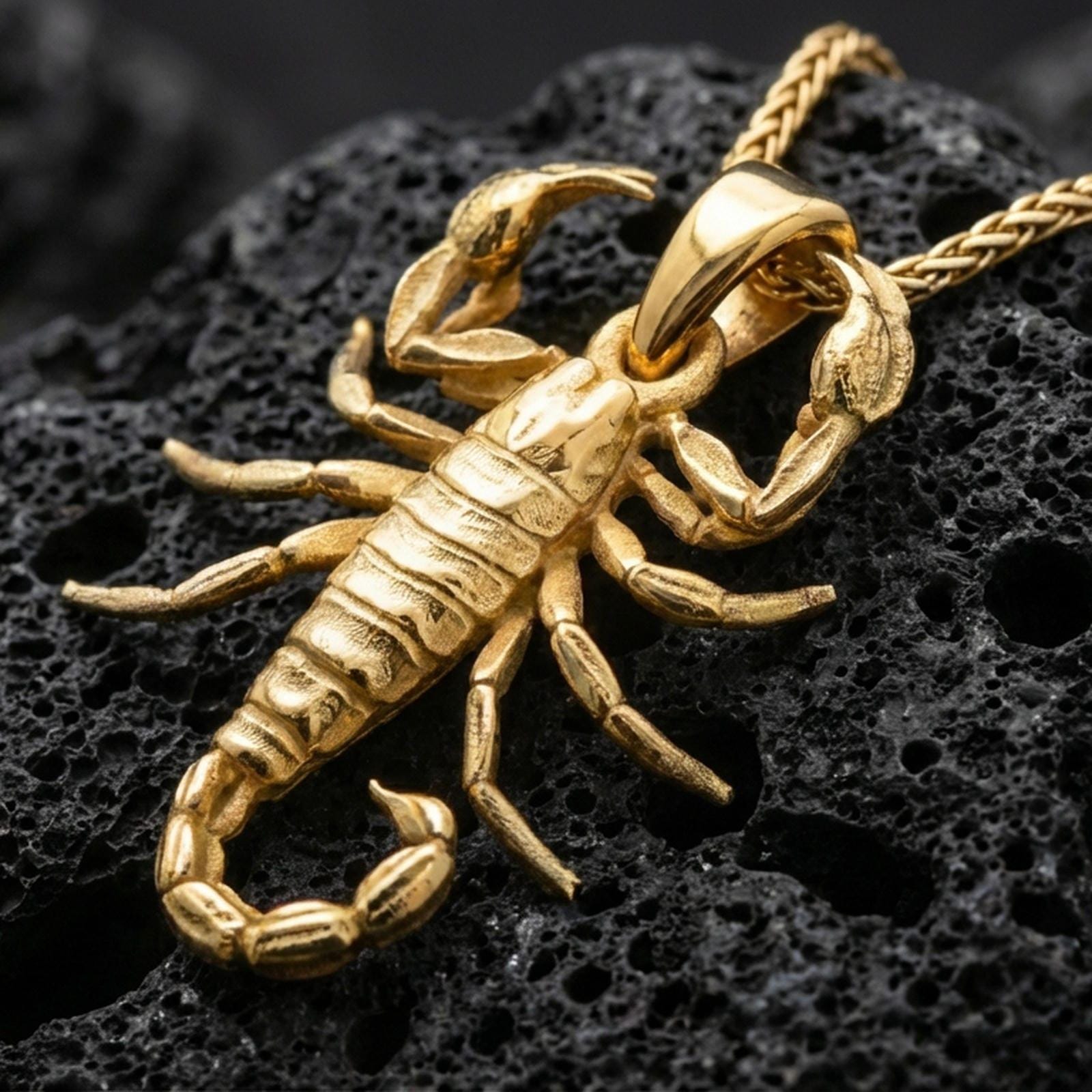 Gold plated scorpion pendant necklace presented on porous volcanic rock, highlighting the sculpted arachnid form in a luxurious close-up jewelry image.