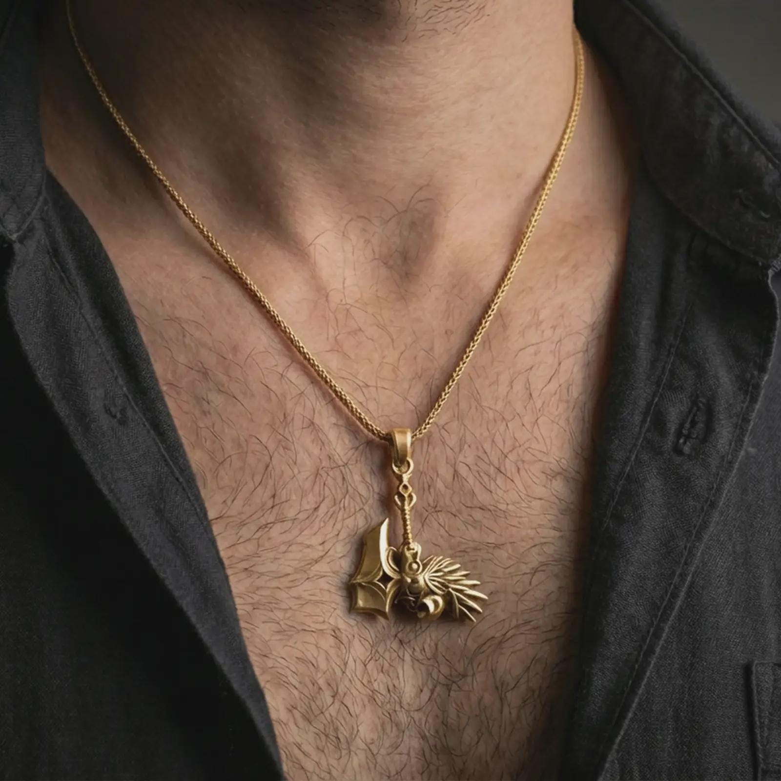 Gold plated paladin hammer pendant necklace worn on the neck, captured on a human model in a premium dark-toned lifestyle frame.