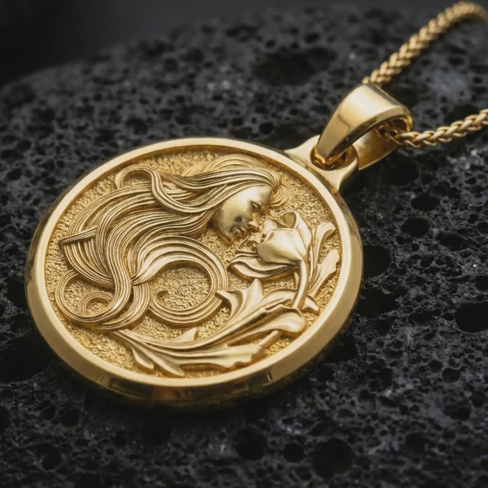 Gold plated Art Nouveau woman pendant necklace presented on porous volcanic rock, highlighting the romantic feminine profile in a luxurious close-up jewelry image.