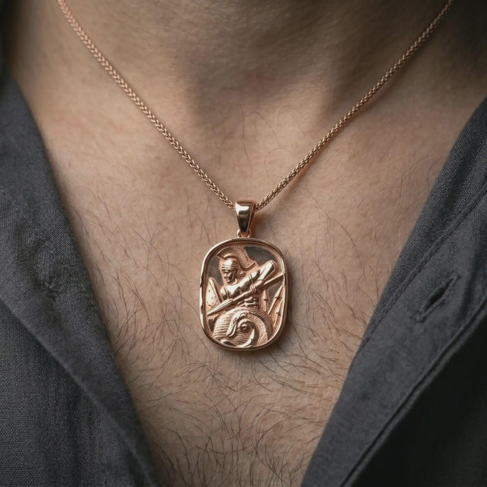 Rose gold plated Roman soldier pendant necklace worn on the neck, presented in a close-up lifestyle shot with a refined masculine aesthetic.