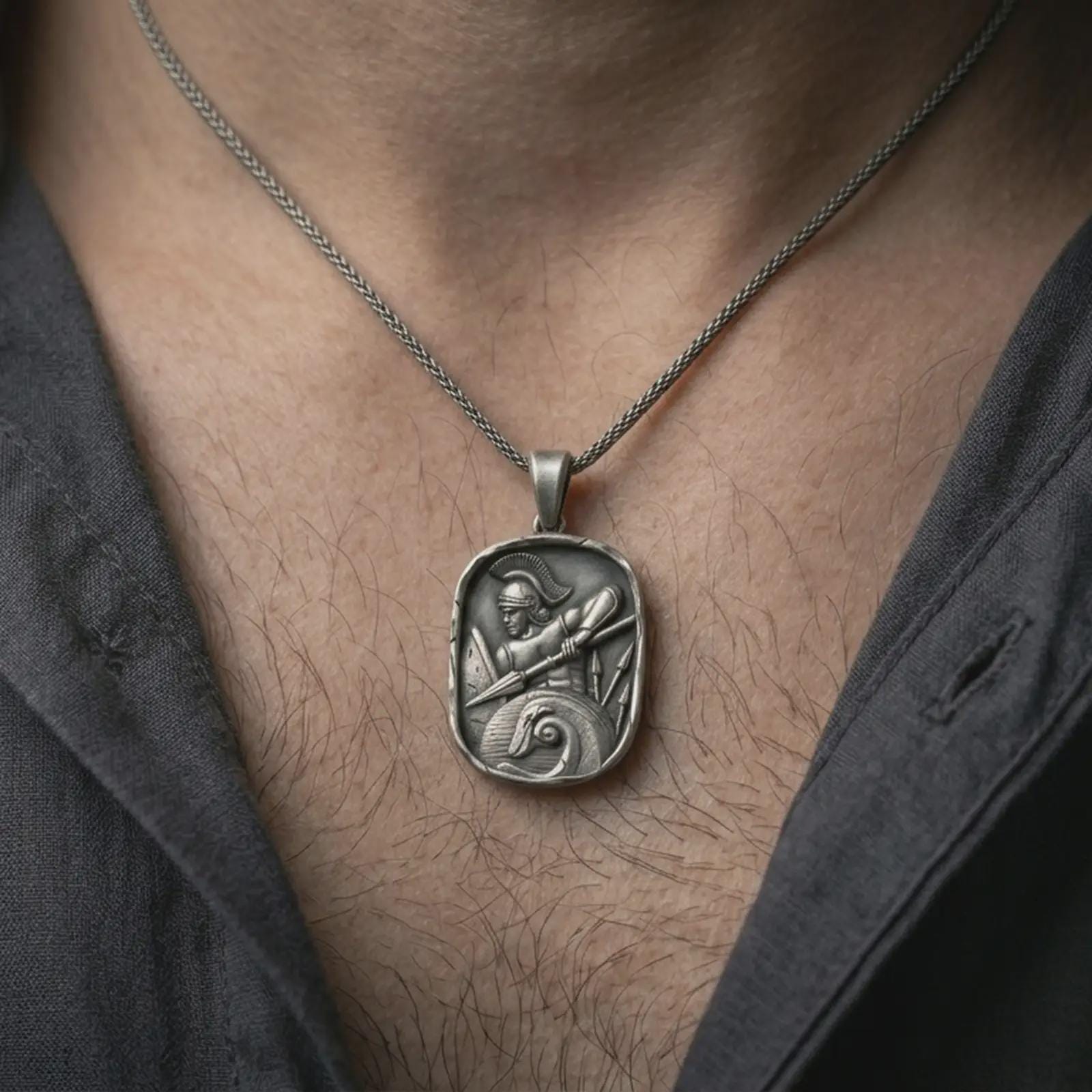 Oxidized Roman soldier pendant necklace worn on the neck, styled in a dark lifestyle portrait with an open shirt and masculine presentation.