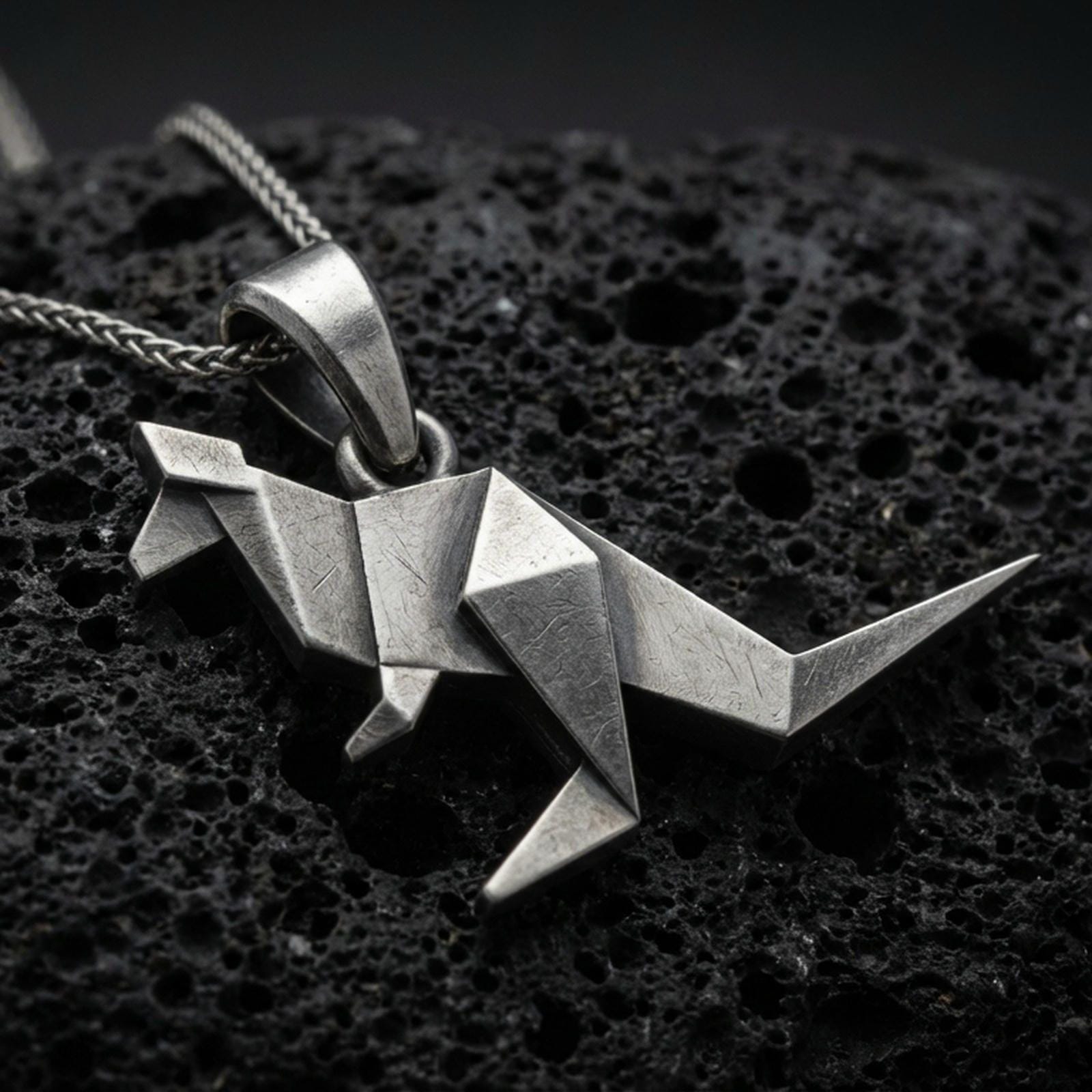 Sterling silver origami kangaroo pendant necklace with an oxidized finish resting on textured volcanic rock, captured in a close-up premium studio composition.