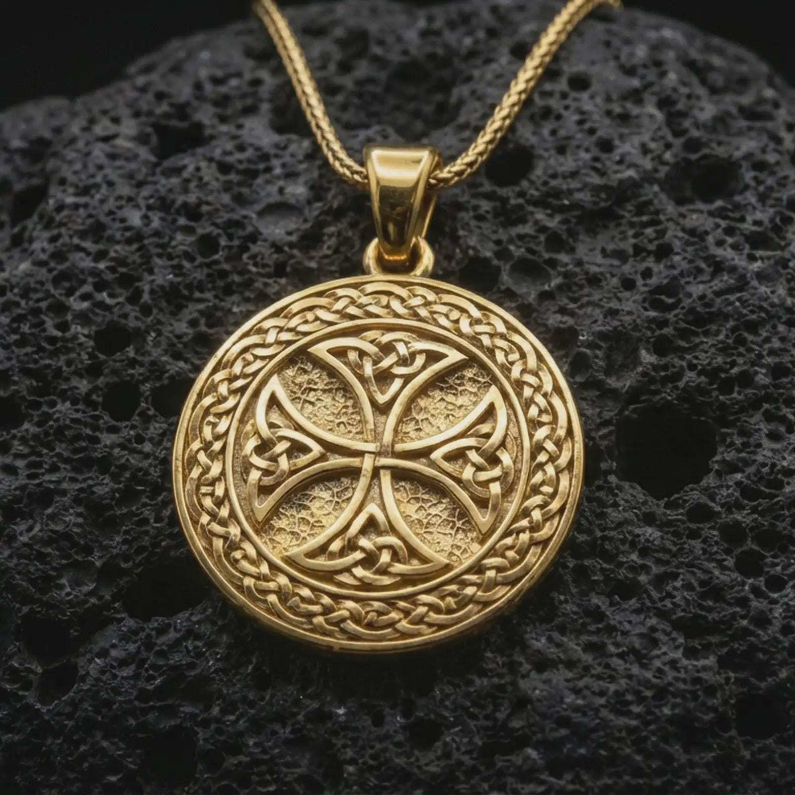Gold plated Celtic knot medallion necklace presented on porous volcanic rock, highlighting the timeless interlace design in a luxurious close-up jewelry image.
