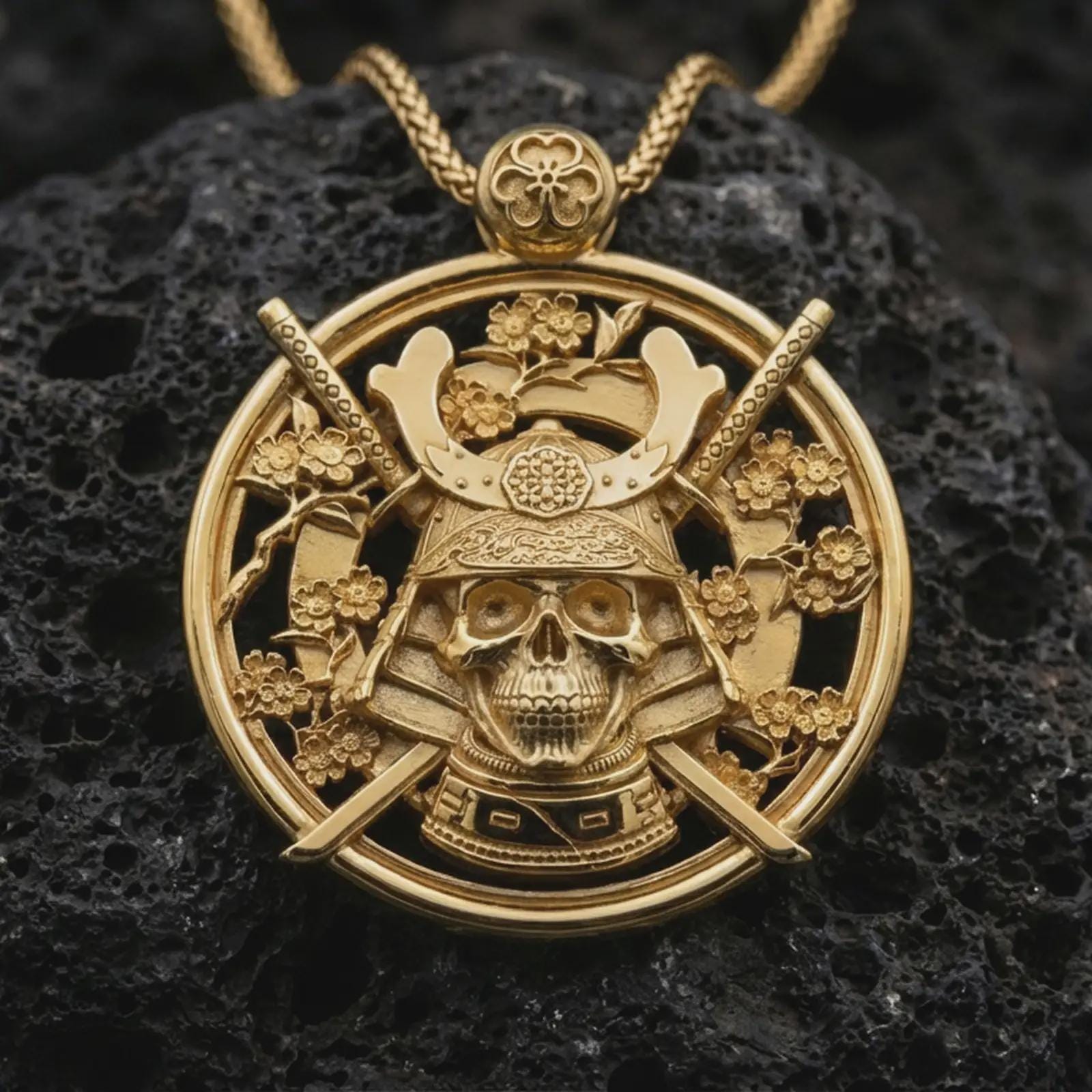 Gold plated samurai skull pendant necklace presented on porous volcanic rock, highlighting the gothic warrior motif in a luxurious close-up jewelry image.