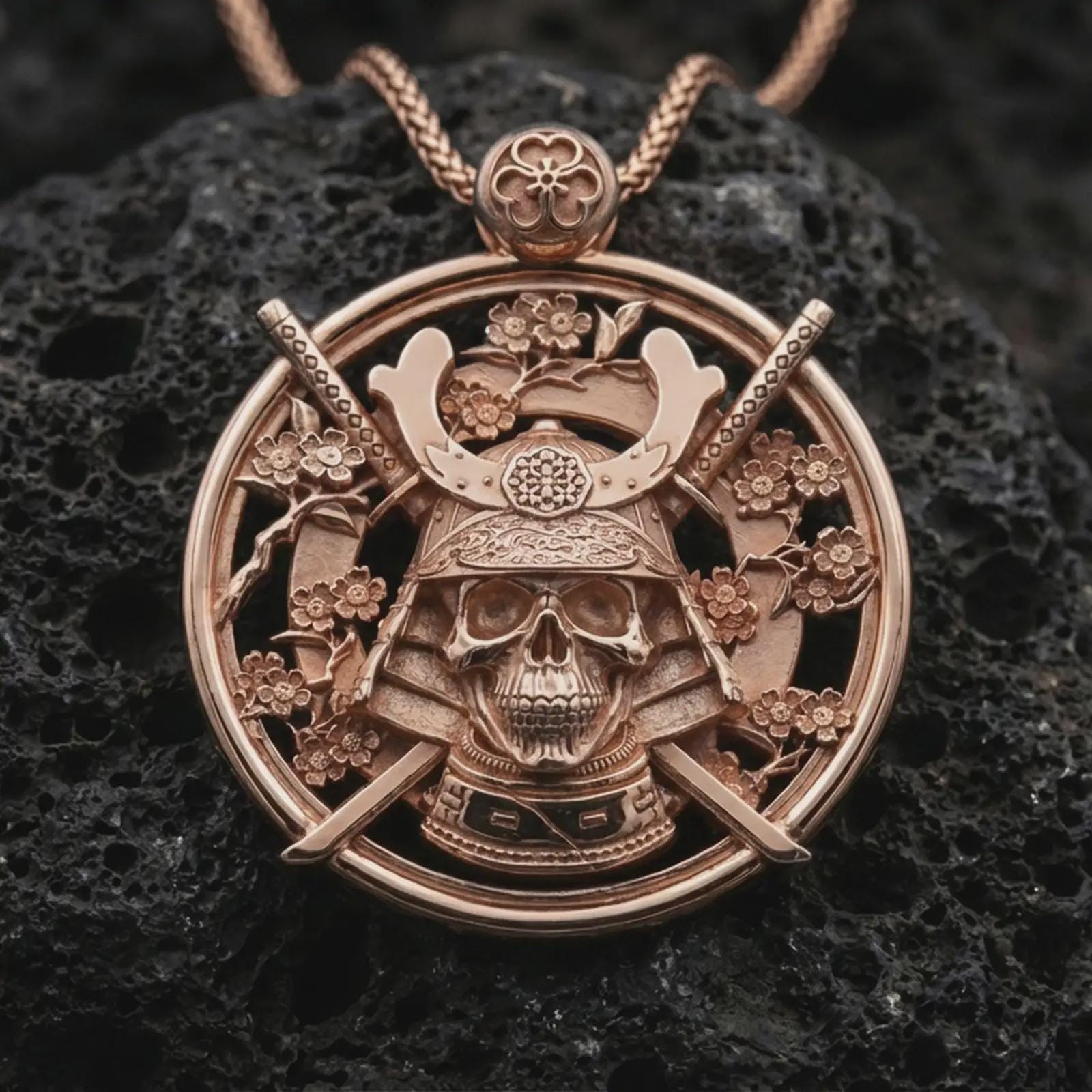 Rose gold plated samurai skull pendant necklace on dark volcanic rock, photographed in a detailed premium studio macro view.