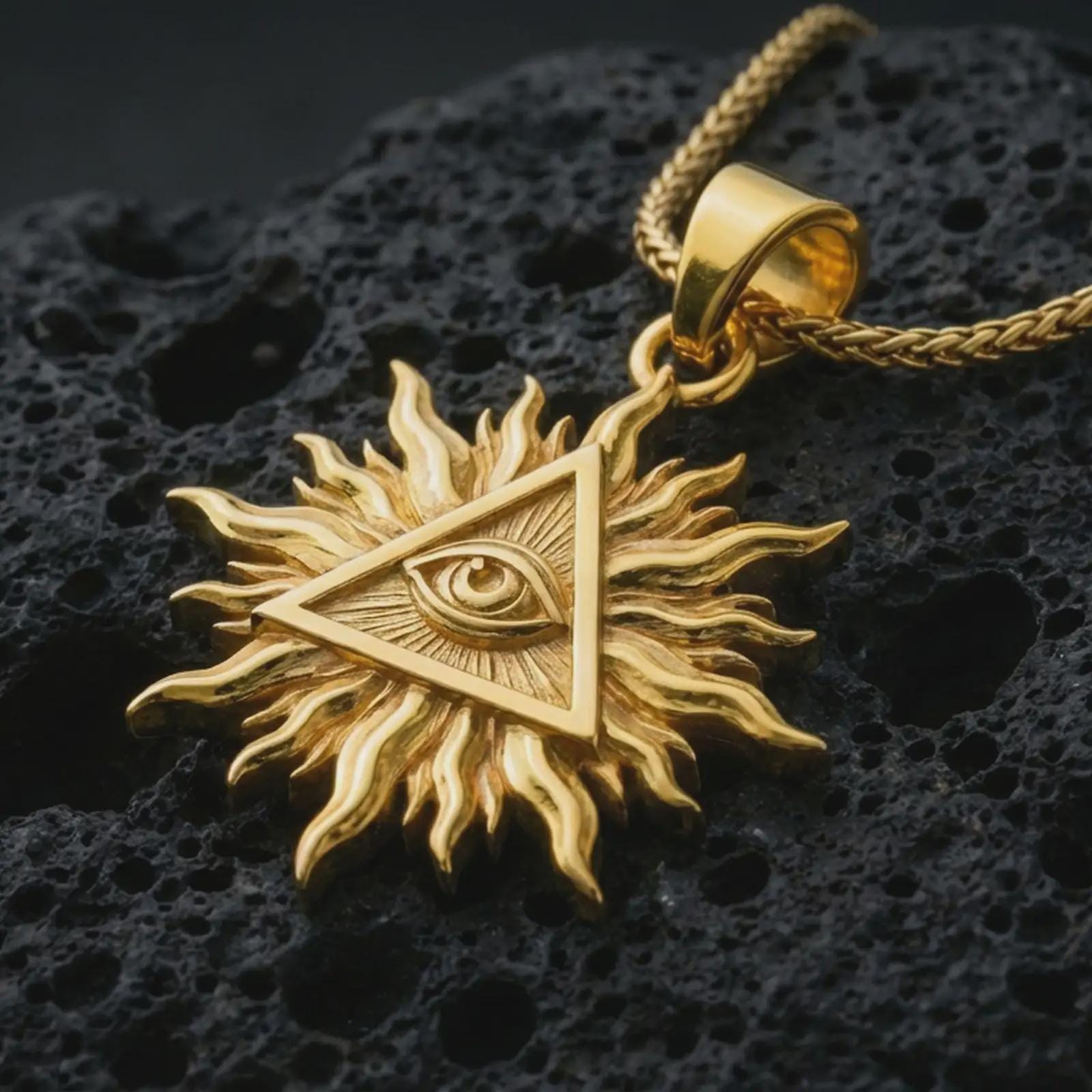 Gold plated Eye of Providence sun pendant necklace presented on porous volcanic rock, highlighting the mystical celestial design in a luxurious close-up jewelry image.