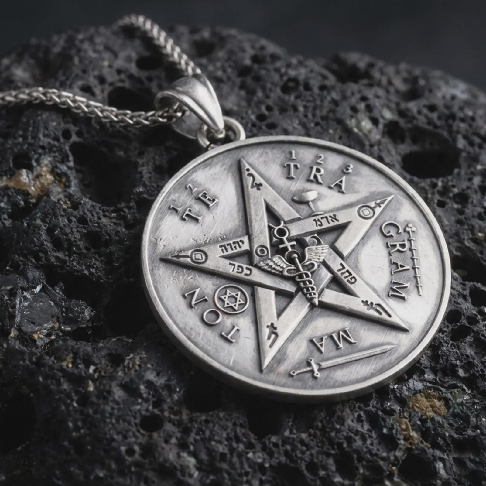 Sterling silver Venus Amor pendant necklace with an oxidized finish resting on textured volcanic rock, captured in a close-up premium studio composition.