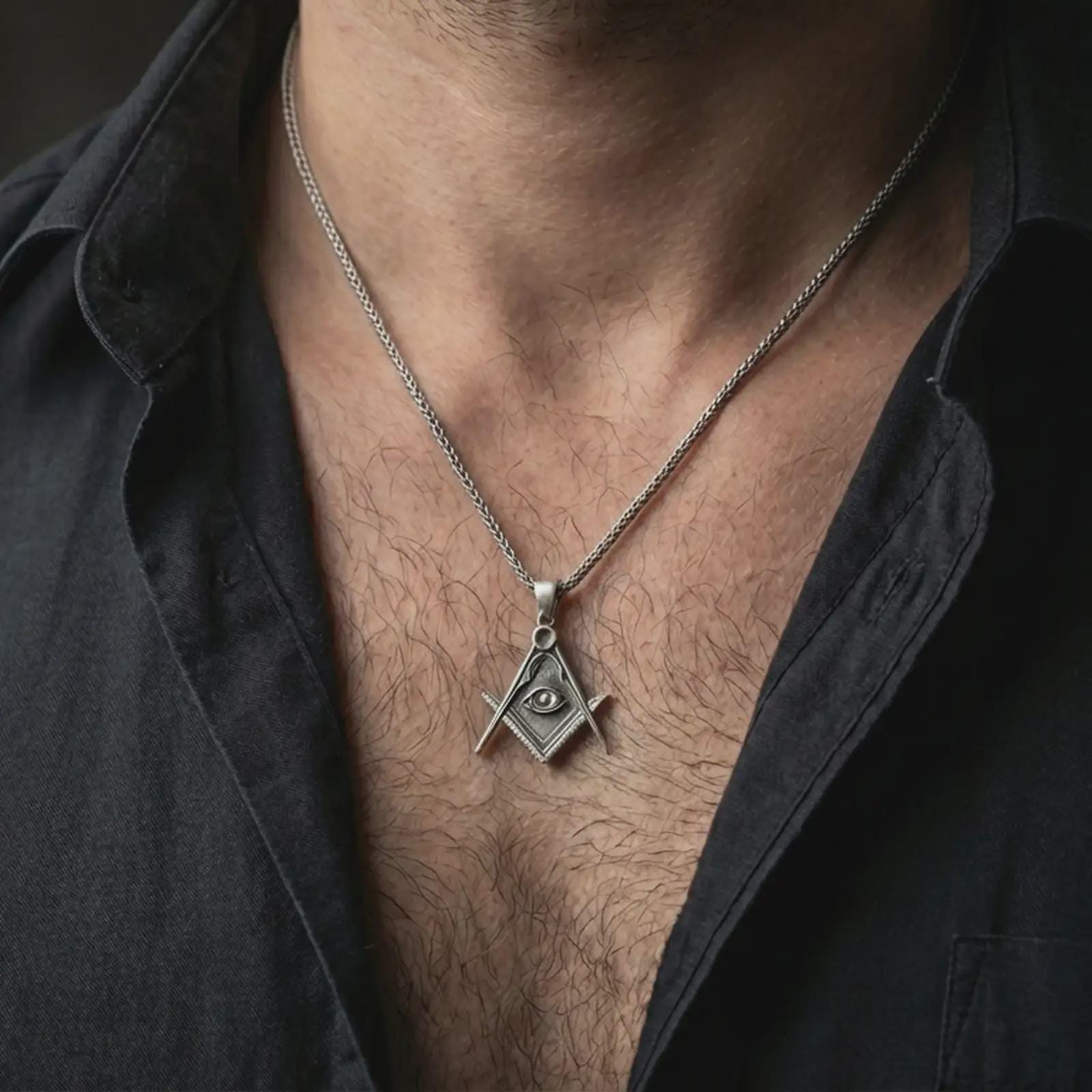 Oxidized Master Mason pendant necklace worn on the neck, styled in a dark lifestyle portrait with an open shirt and masculine presentation.