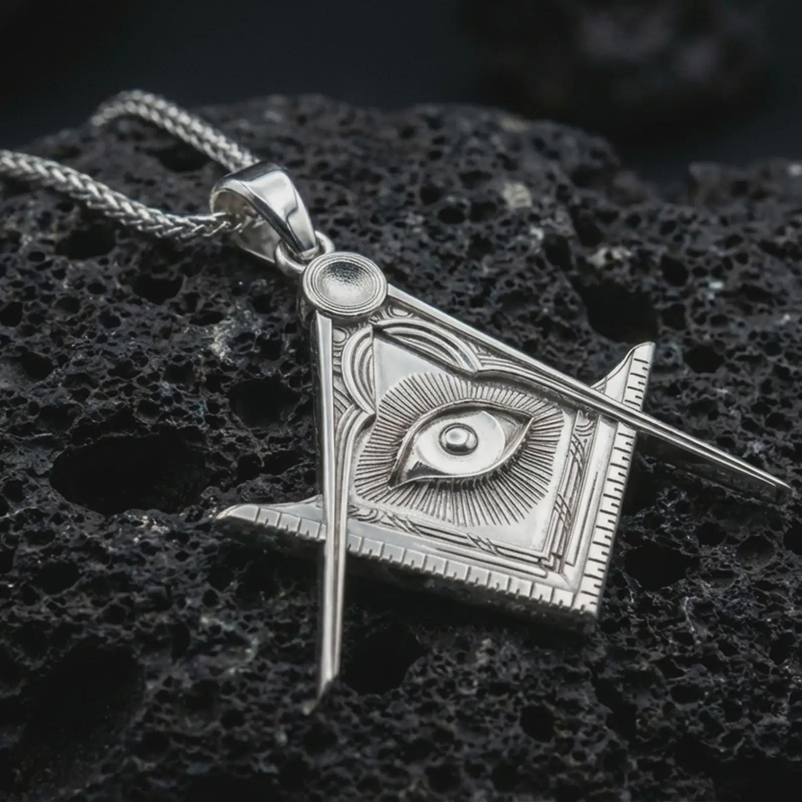 Polished silver Master Mason pendant necklace displayed on black volcanic rock, shown in a refined macro product shot with square and compass design and Eye of Providence detail.
