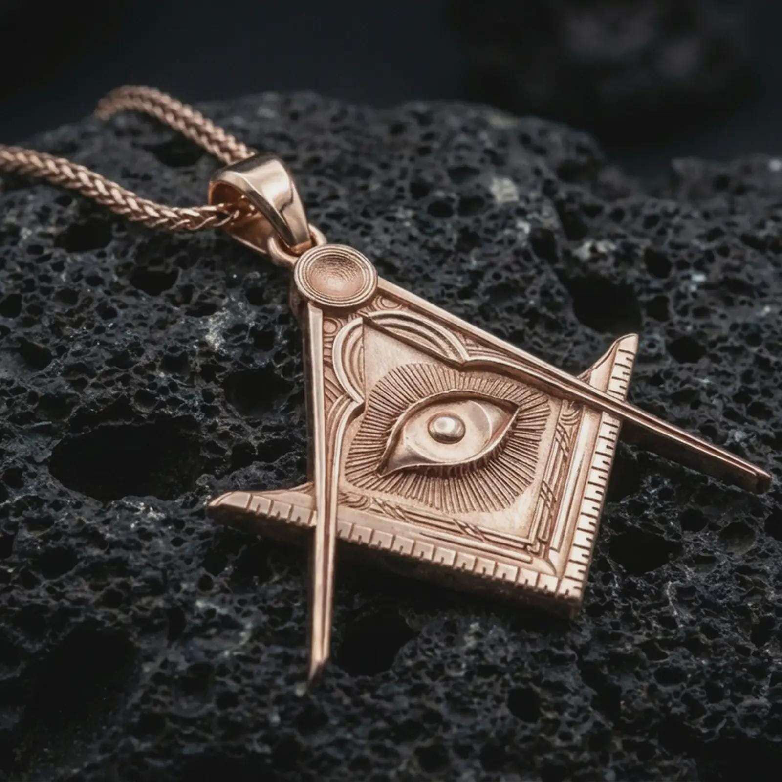 Rose gold plated Master Mason pendant necklace on dark volcanic rock, photographed in a detailed premium studio macro view.