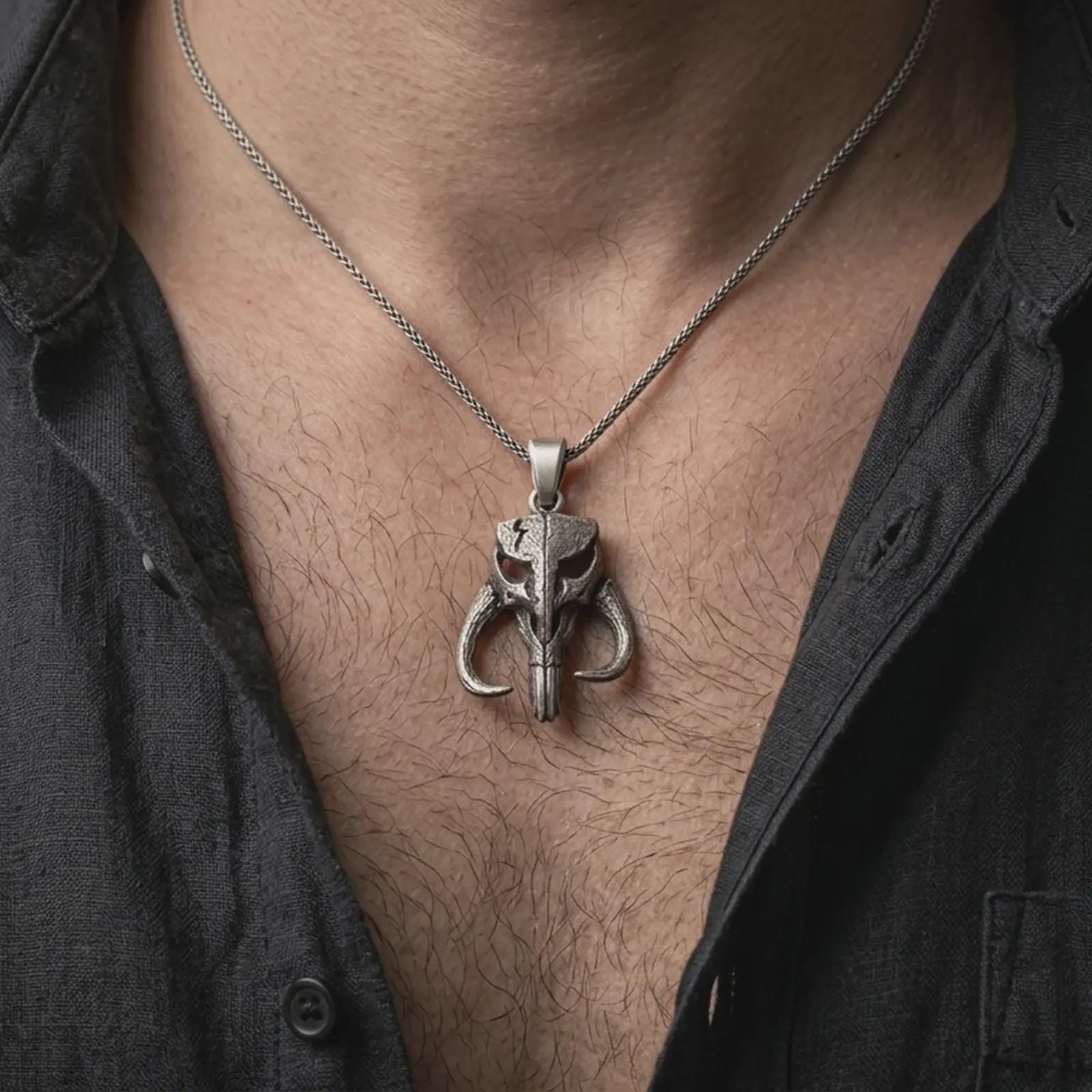 Oxidized Mythosaur skull pendant necklace worn on the neck, styled in a dark lifestyle portrait with an open shirt and masculine presentation.