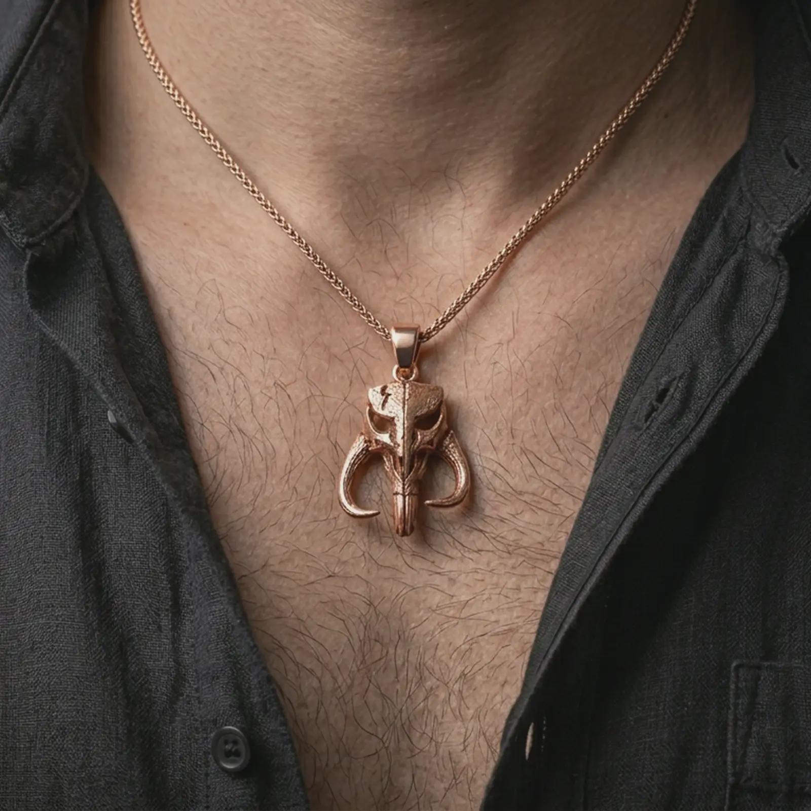 Rose gold plated Mythosaur skull pendant necklace worn on the neck, presented in a close-up lifestyle shot with a refined sci-fi aesthetic.
