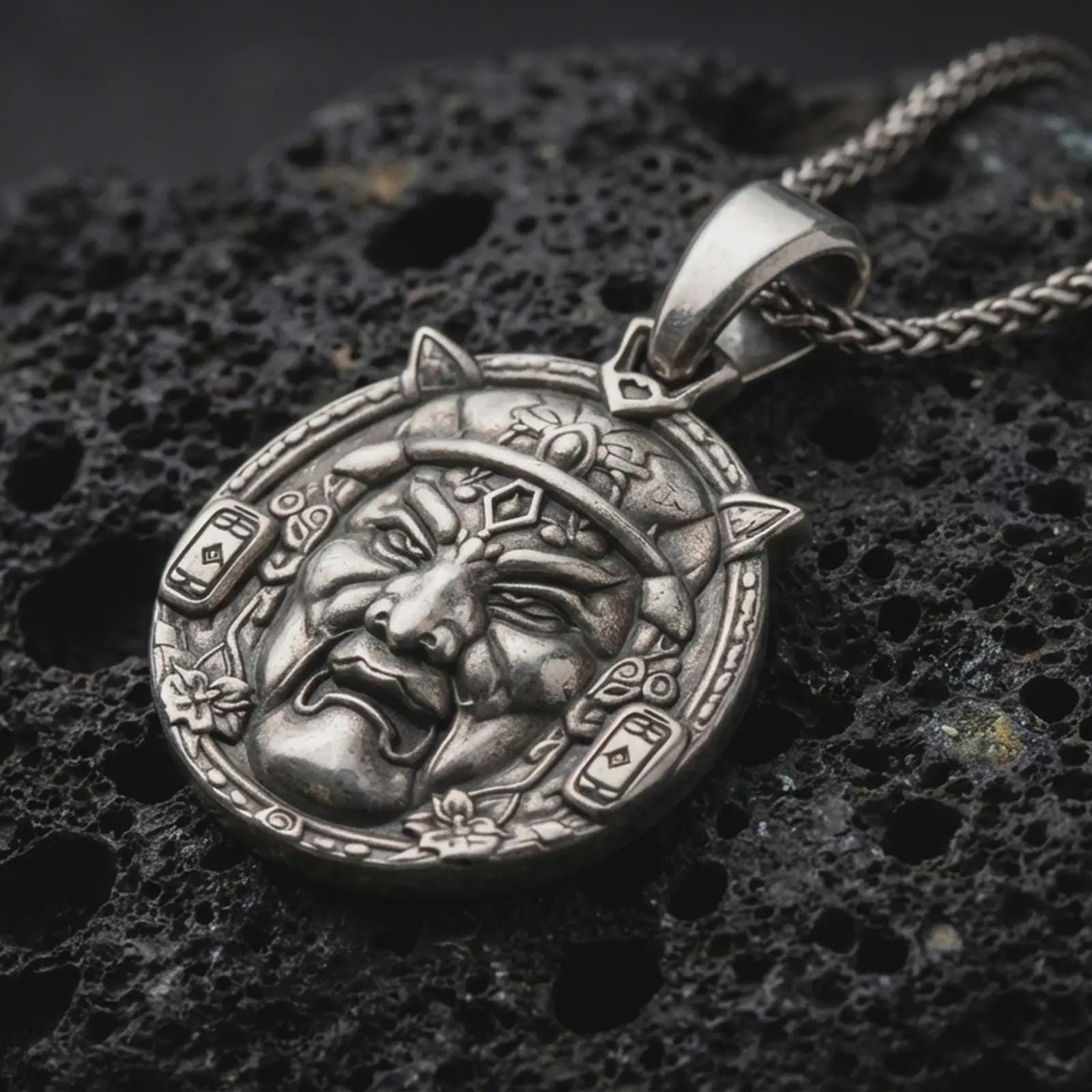 An Oni mask pendant on black volcanic stone with oxidized depth highlighting the carved face, horns, and border symbols.