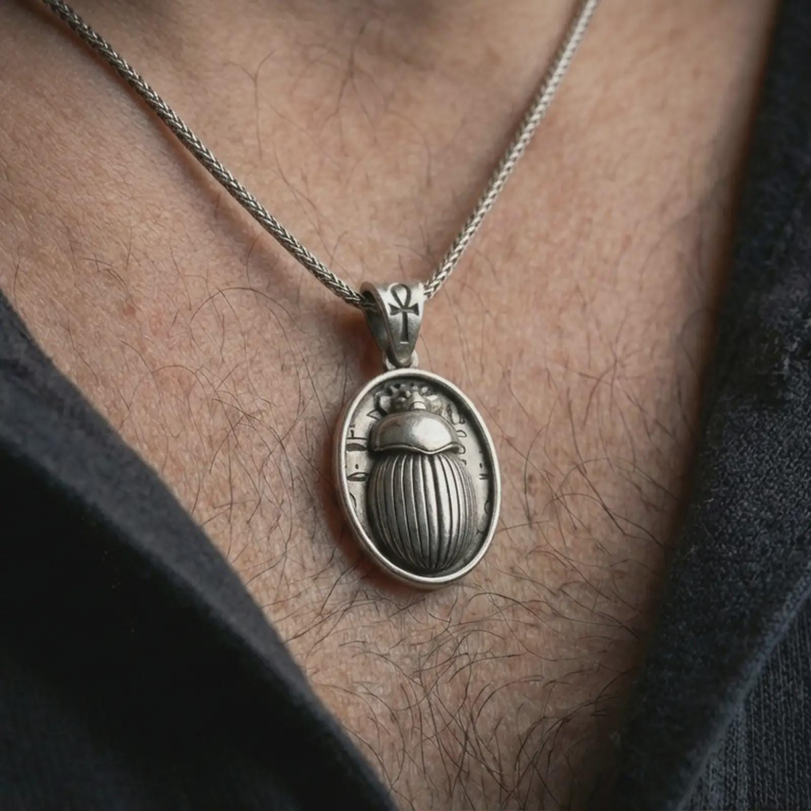 Oxidized Egyptian scarab pendant necklace worn on the neck, styled in a dark lifestyle portrait with an open shirt and masculine presentation.