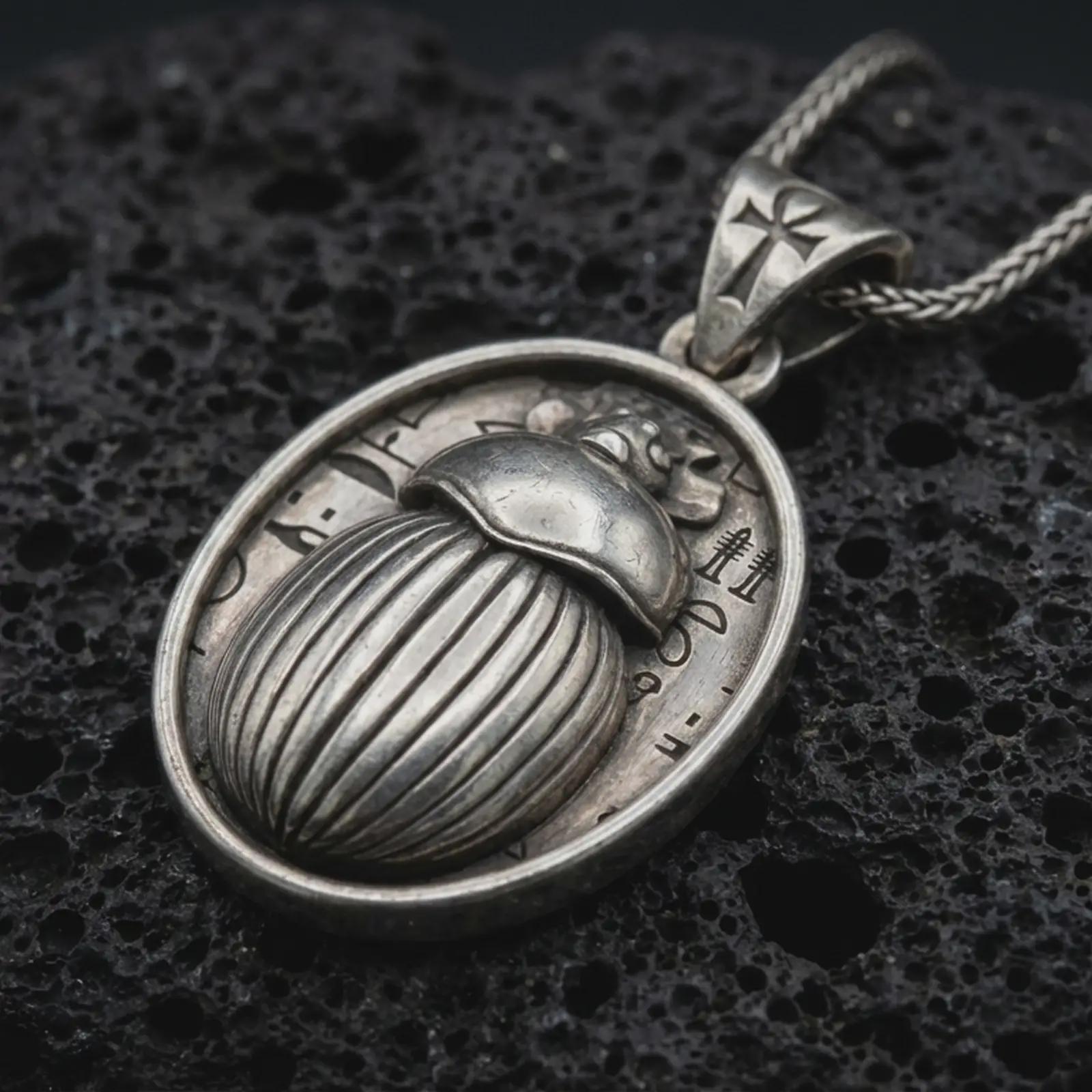 Sterling silver Egyptian scarab pendant necklace with an oxidized finish resting on textured volcanic rock, captured in a close-up premium studio composition.