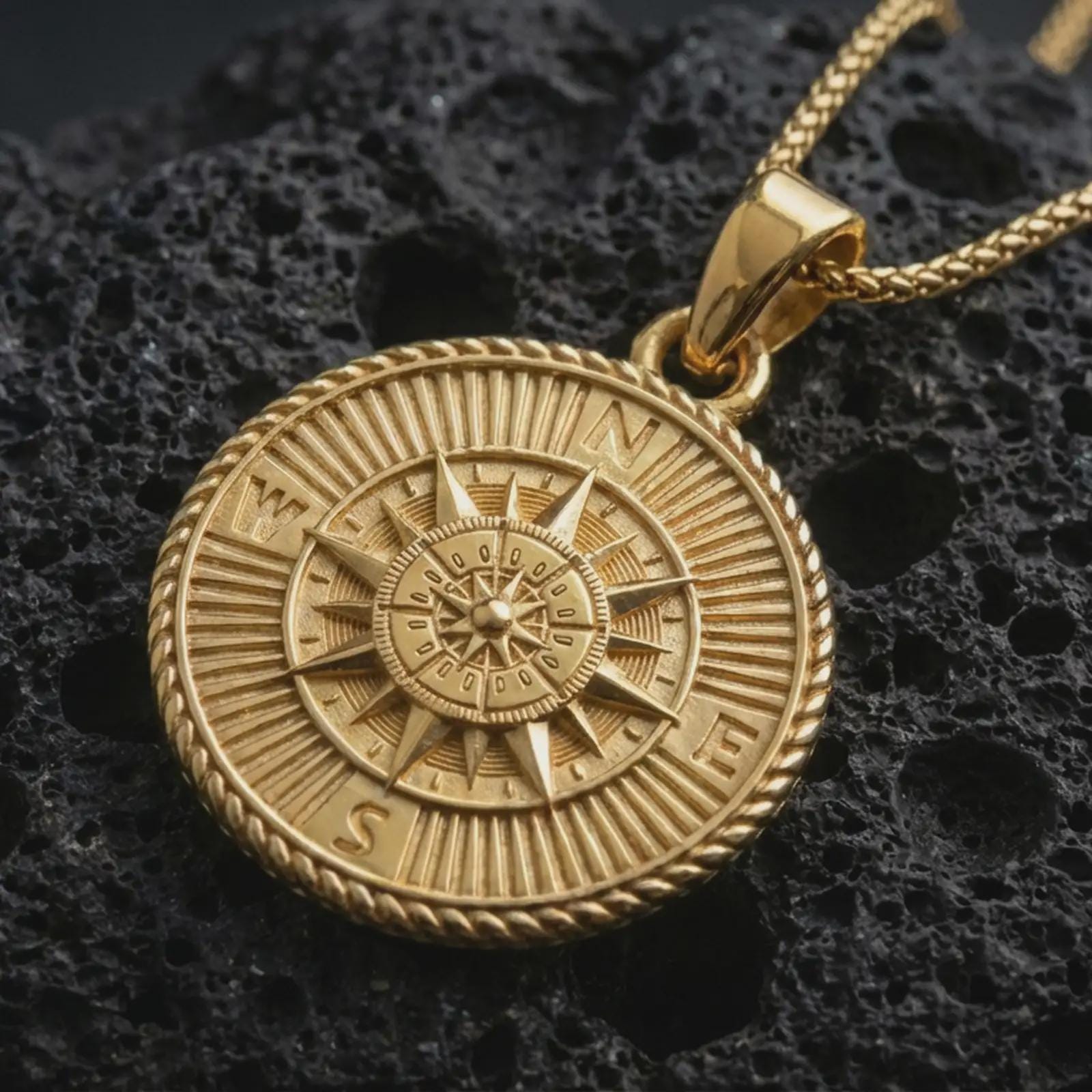 Gold plated steampunk compass pendant necklace presented on porous volcanic rock, highlighting the round navigation medallion design in a luxurious close-up jewelry image.